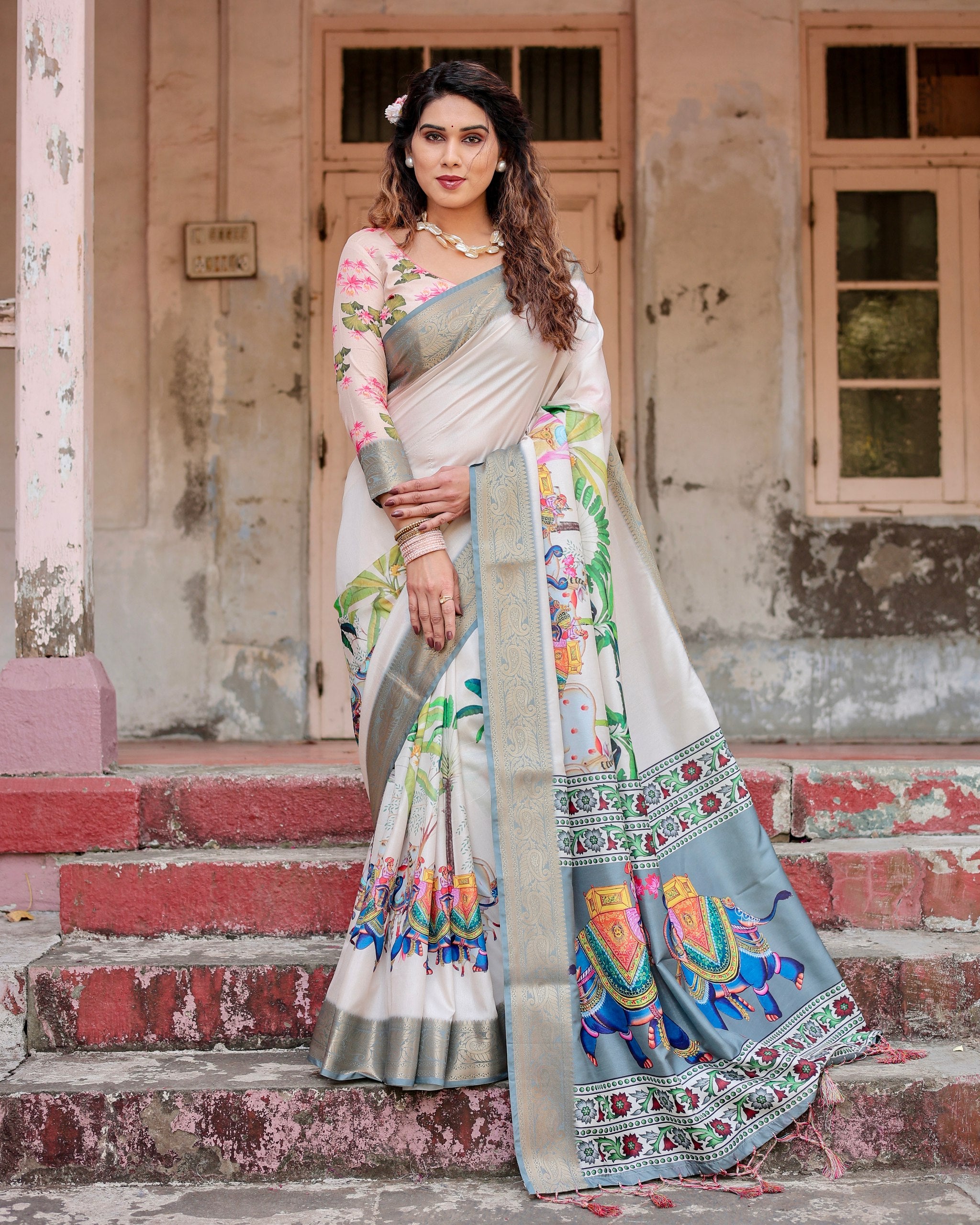 Pure Silk Digital Printed Saree with Brocade Blouse Colorful Saree