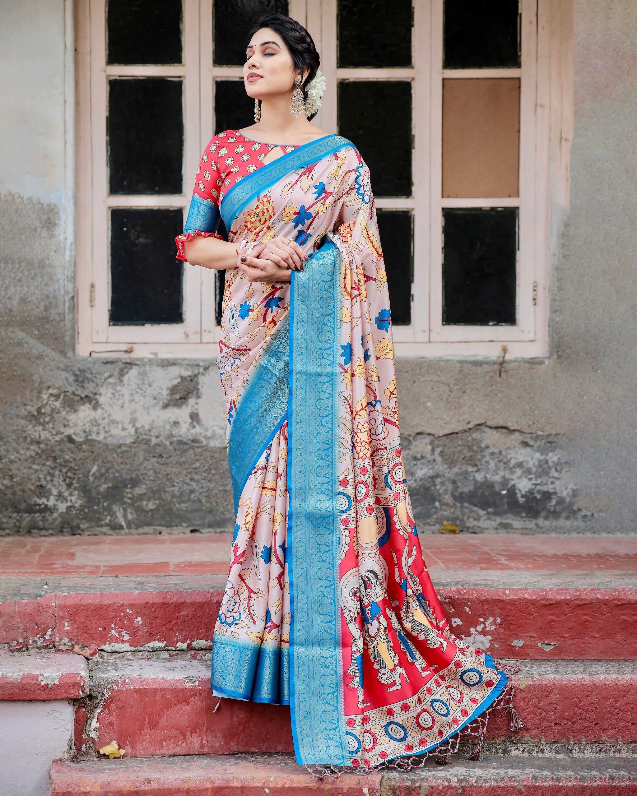 Pure Silk Digital Printed Saree with Brocade Blouse and Enchanting Tassels Colorful Saree