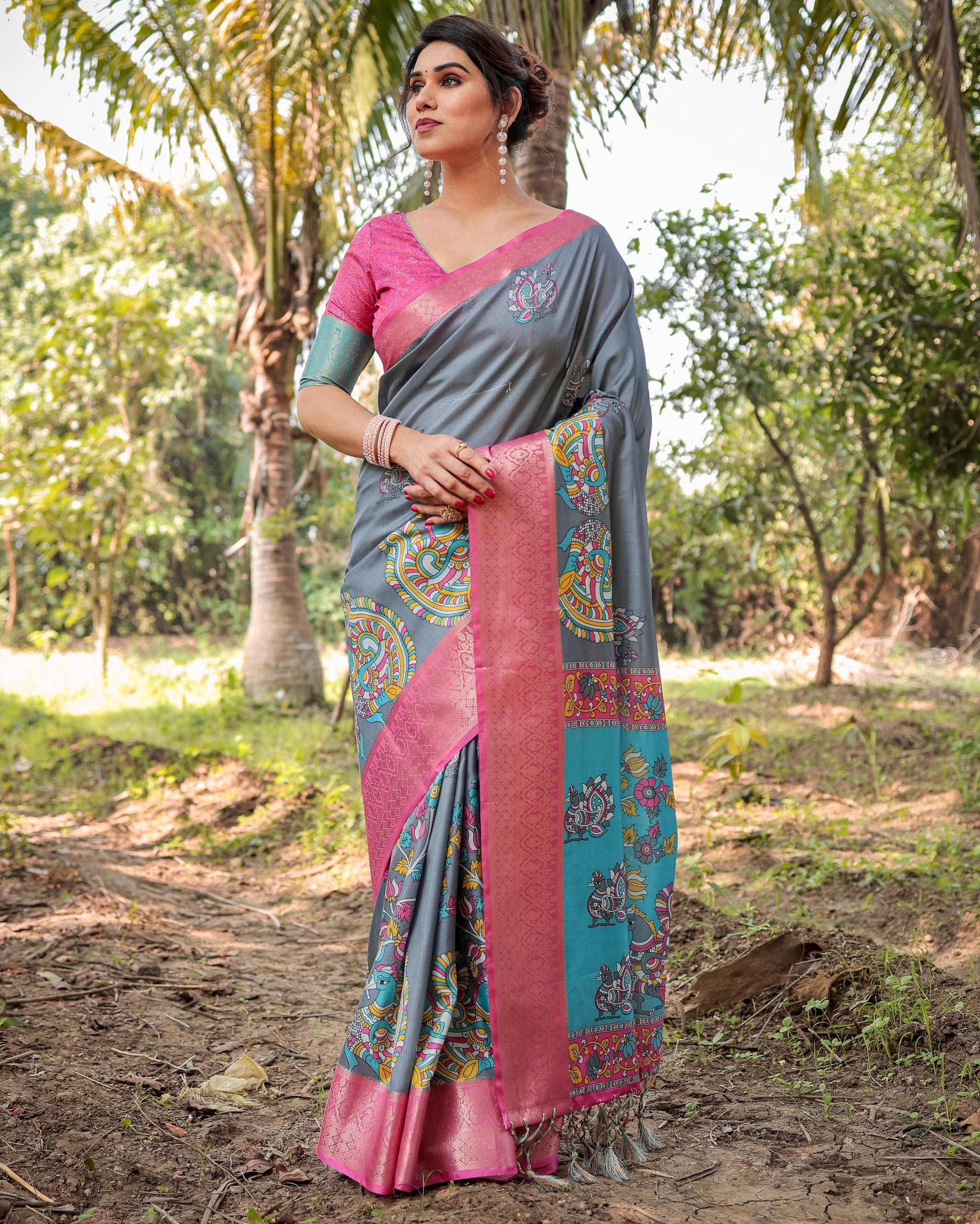 Pure Silk Digital Printed Saree with Brocade Blouse Colorful Saree