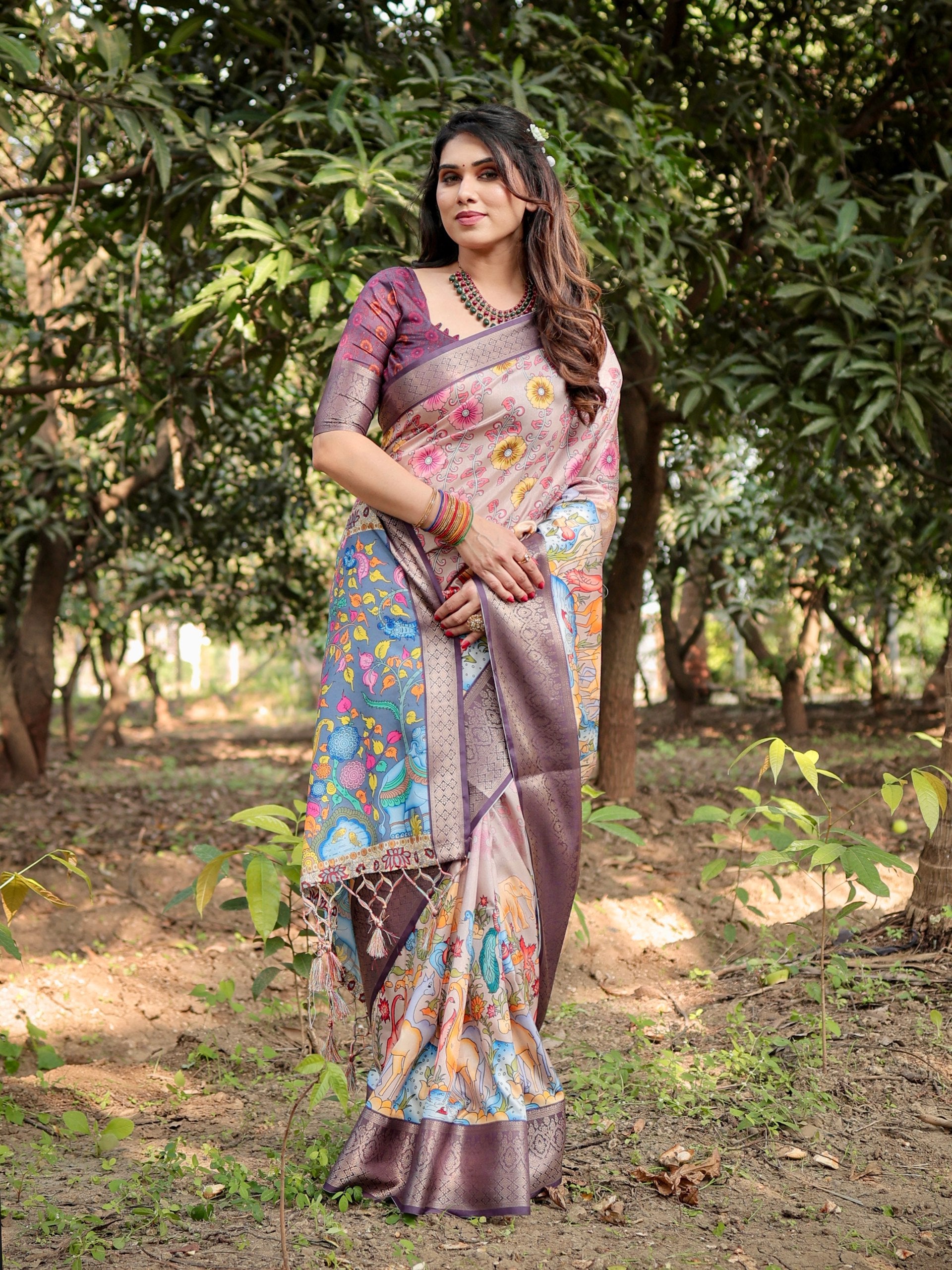 Pure Silk Digital Printed Saree with Brocade Blouse Colorful Saree