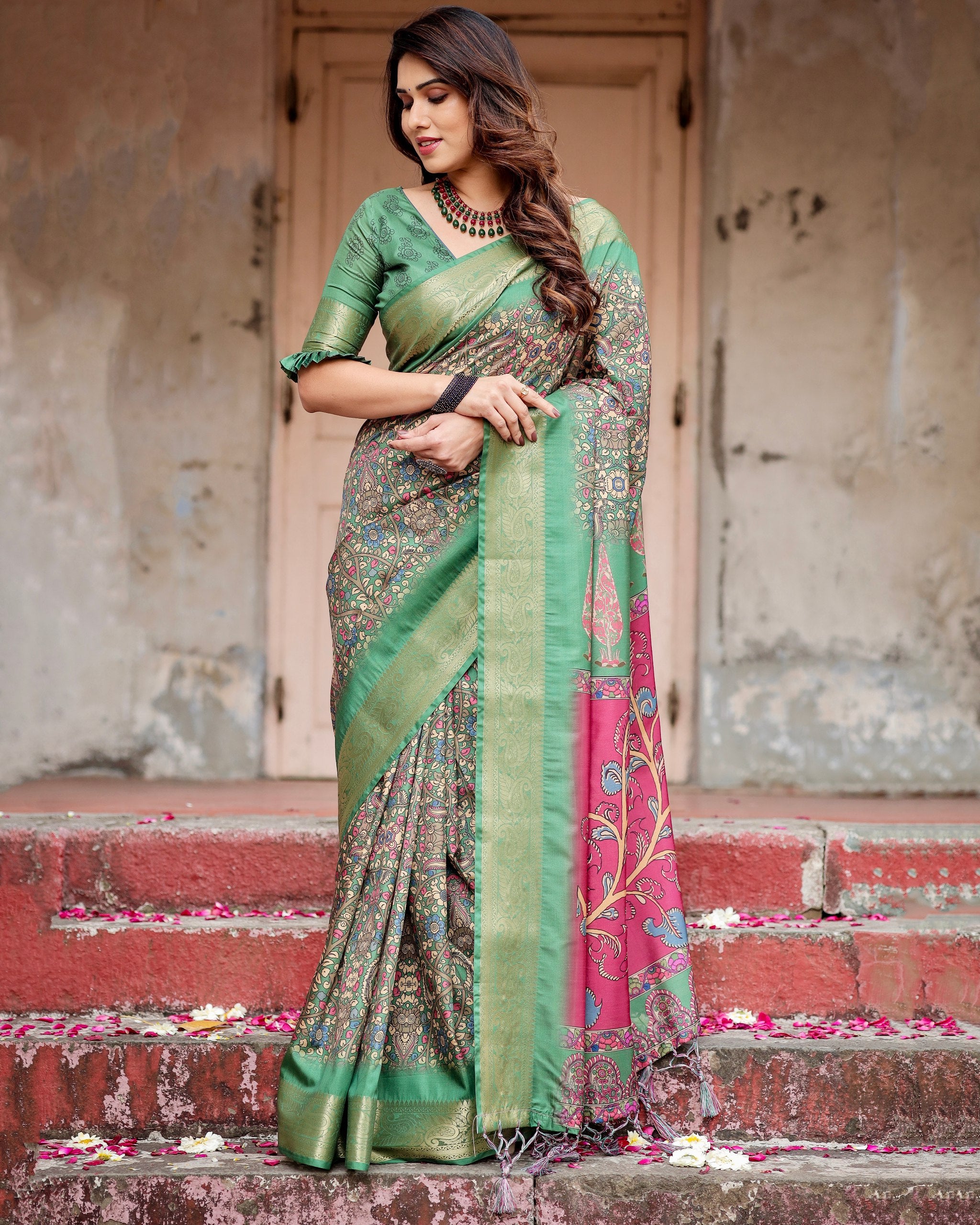 Pure Silk Digital Printed Saree with Brocade Blouse Colorful Saree