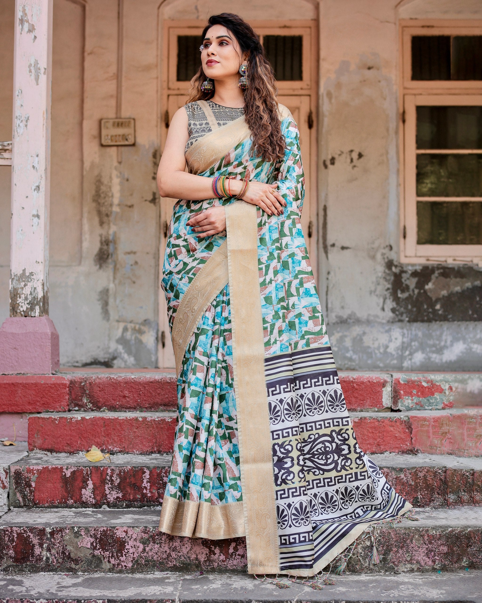 Pure Silk Digital Printed Saree with Brocade Blouse Colorful Saree