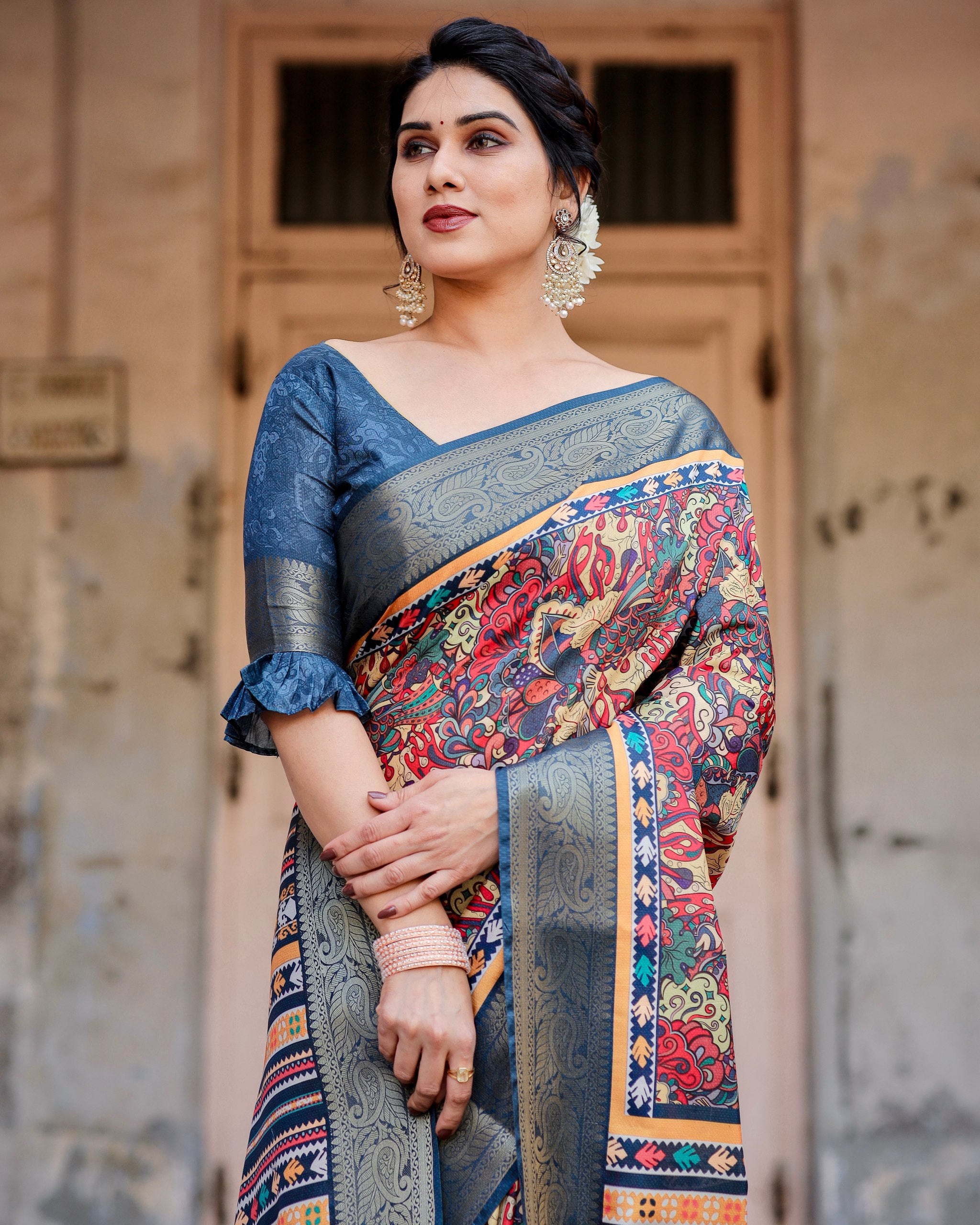 Pure Silk Digital Printed Saree with Brocade Blouse Colorful Saree