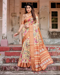 Pure Silk Digital Printed Saree with Brocade Blouse Colorful Saree