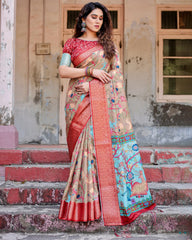 Pure Silk Digital Printed Saree with Brocade Blouse Colorful Saree