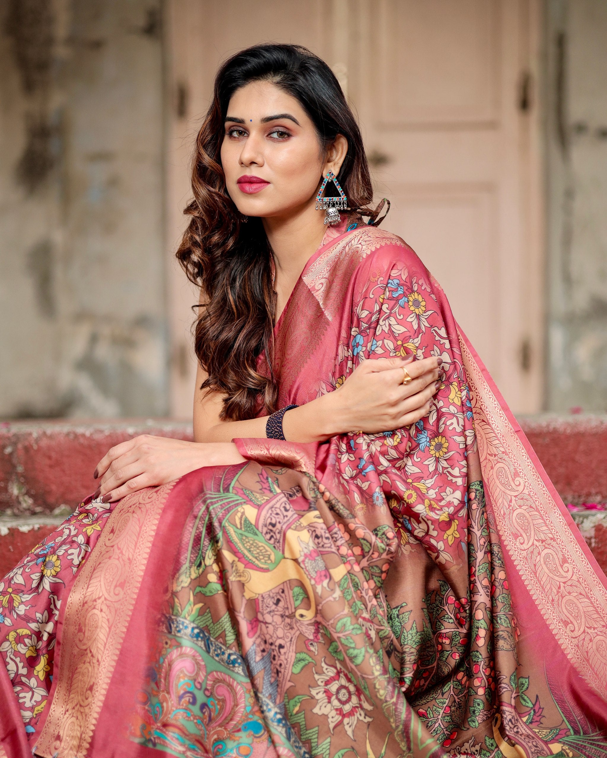 Pure Silk Digital Printed Saree with Brocade Blouse Colorful Saree