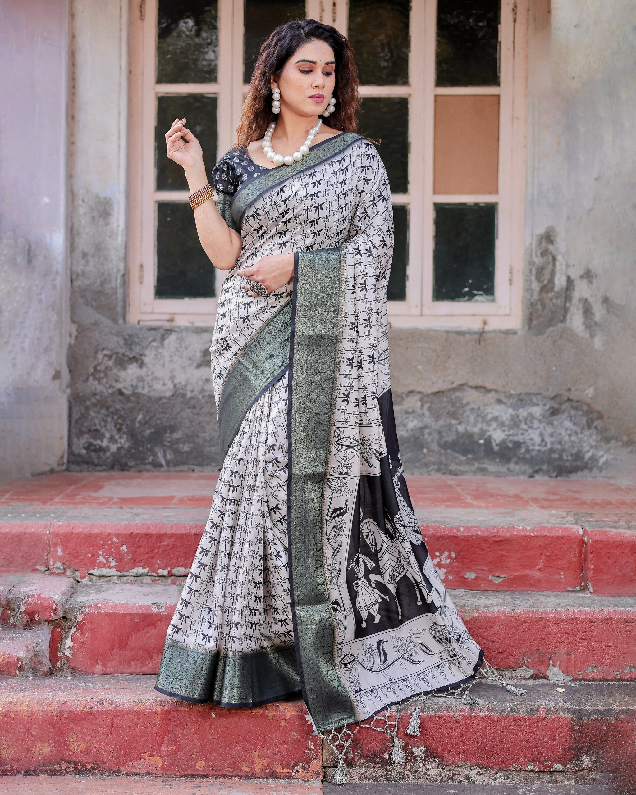 Pure Silk Digital Printed Saree with Brocade Blouse and Enchanting Tassels Colorful Saree