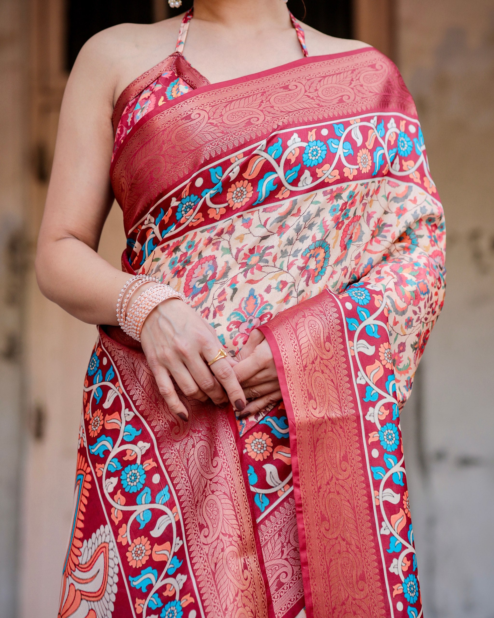 Pure Silk Digital Printed Saree with Brocade Blouse Colorful Saree