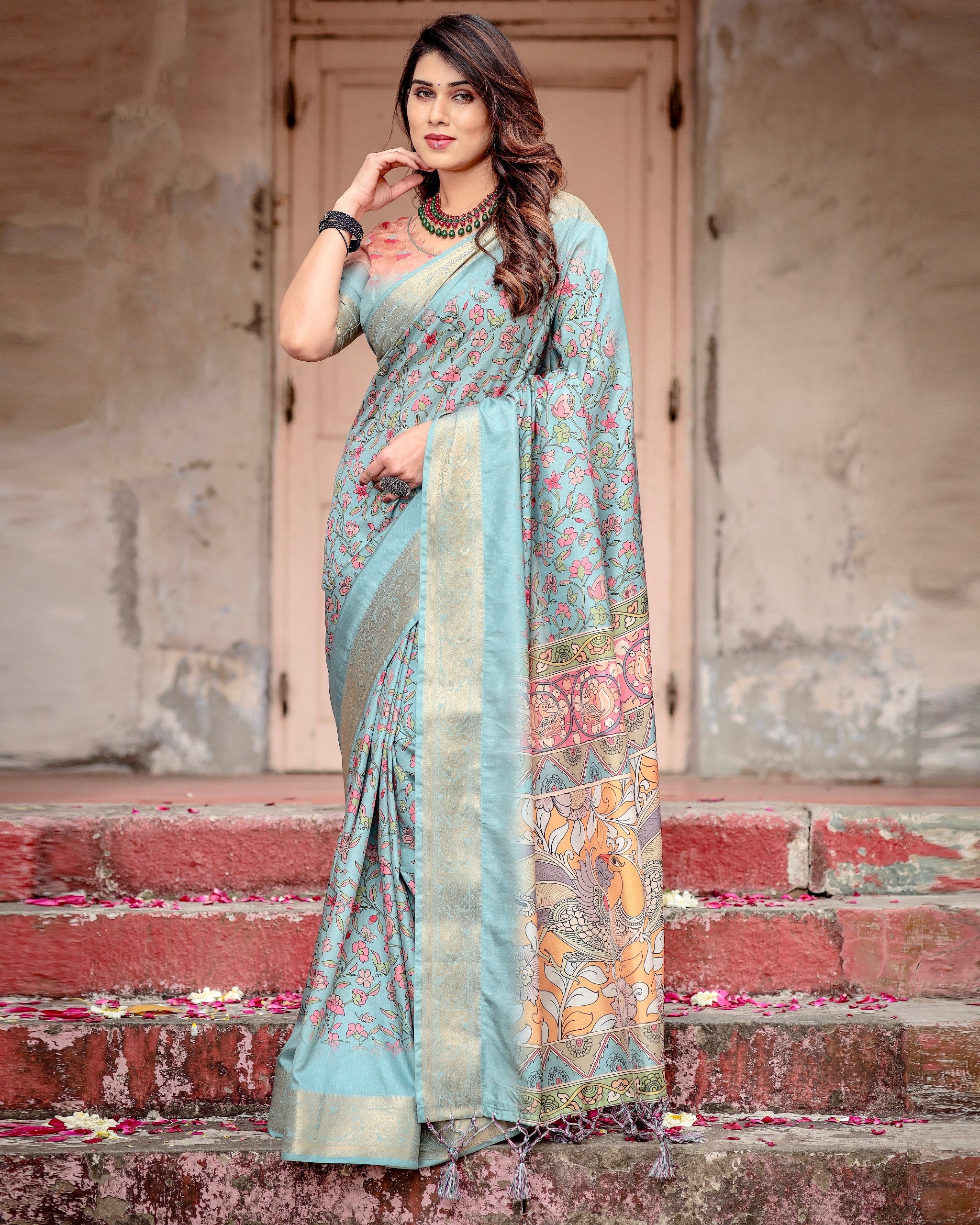 Pure Silk Digital Printed Saree with Brocade Blouse Colorful Saree