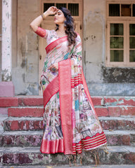 Pure Silk Digital Printed Saree with Brocade Blouse Colorful Saree