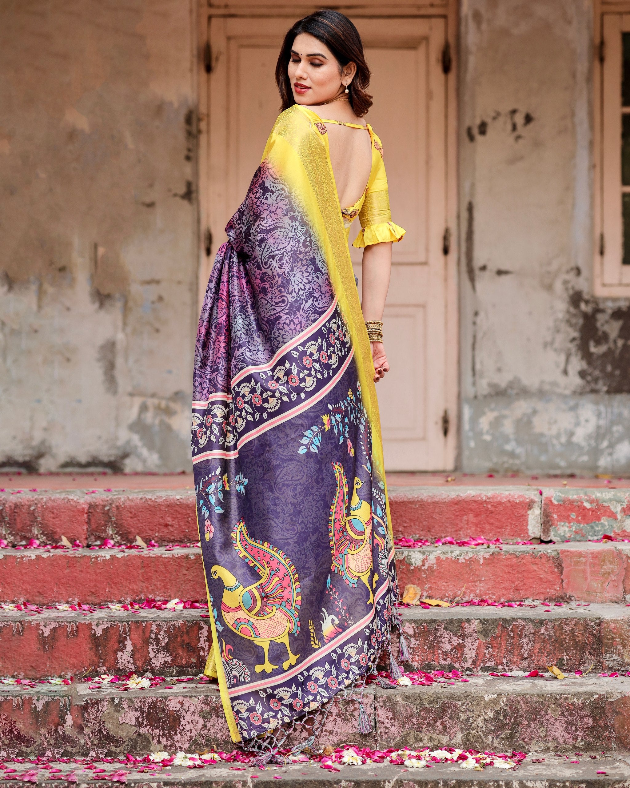 Pure Silk Digital Printed Saree with Brocade Blouse Colorful Saree