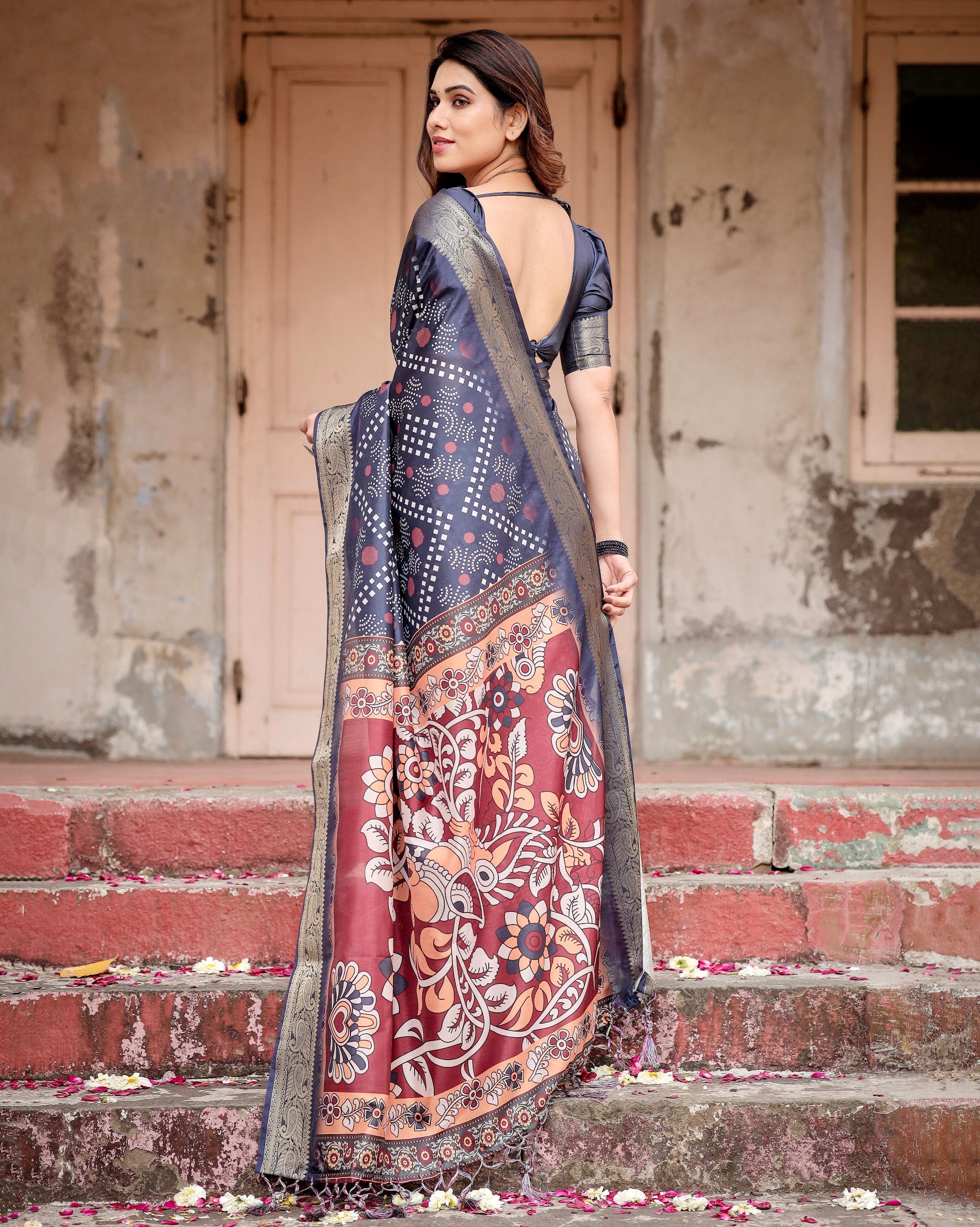 Pure Silk Digital Printed Saree with Brocade Blouse Colorful Saree