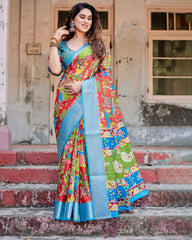 Pure Silk Digital Printed Saree with Brocade Blouse Colorful Saree