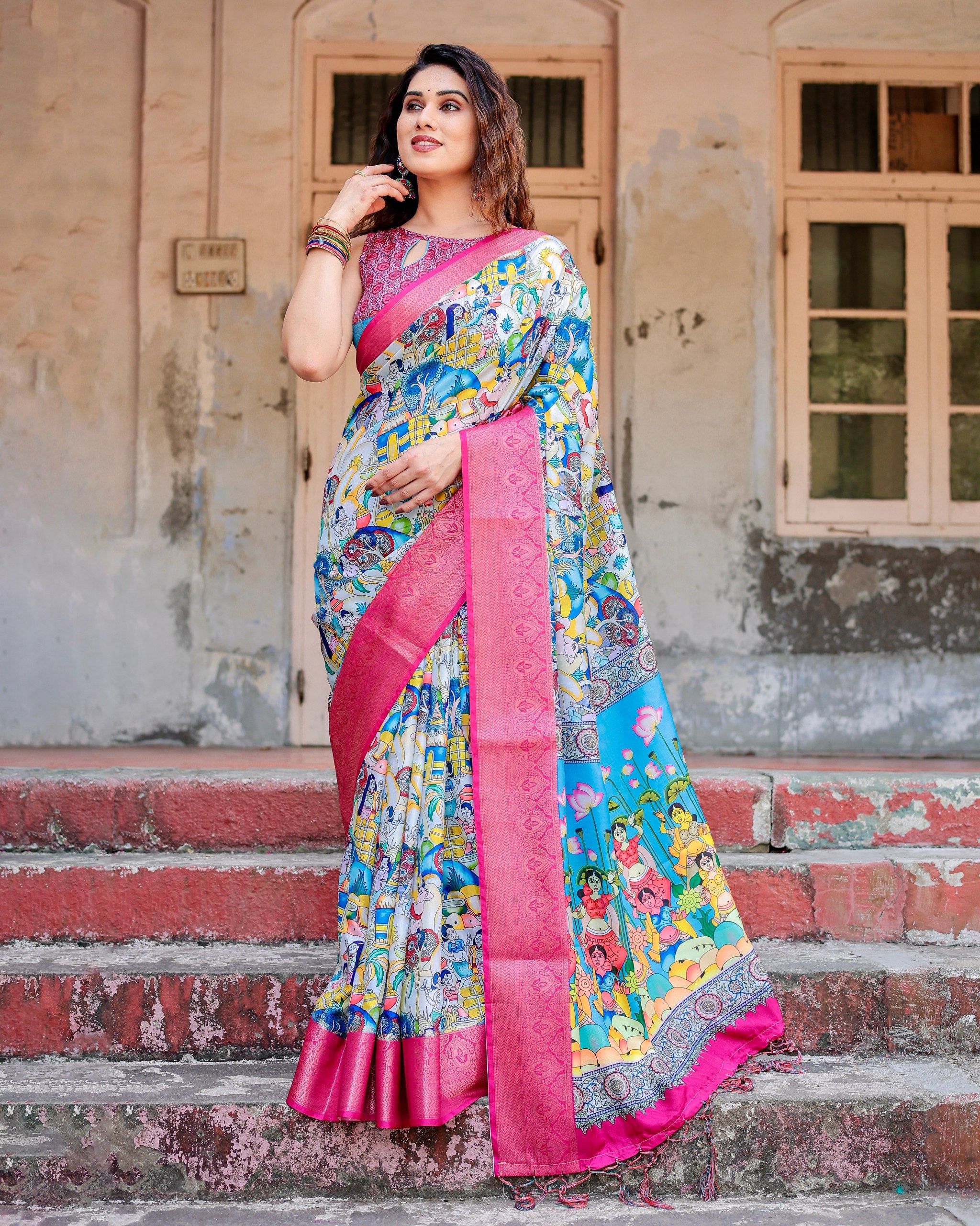 Pure Silk Digital Printed Saree with Brocade Blouse Colorful Saree