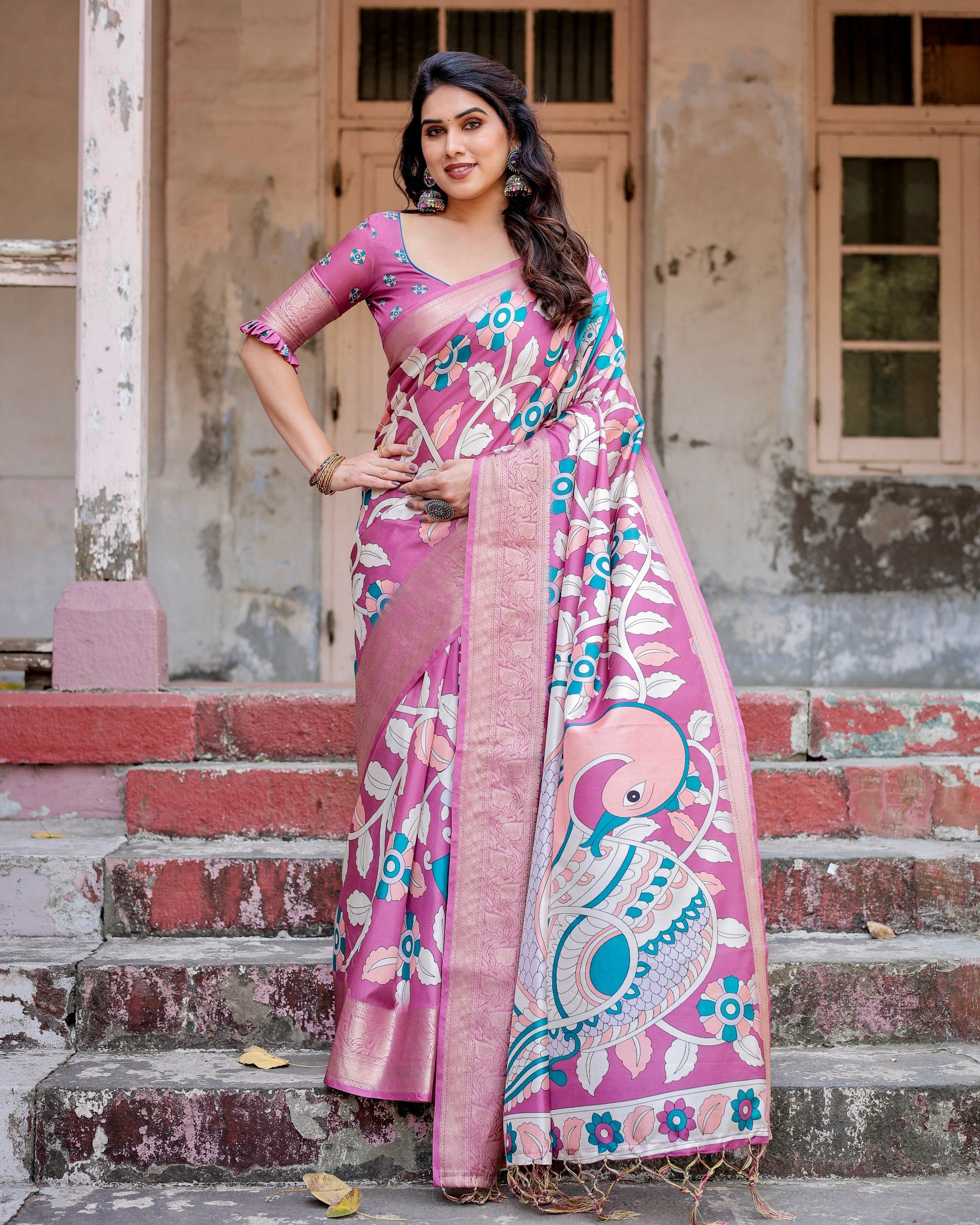 Pure Silk Digital Printed Saree with Brocade Blouse and Enchanting Tassels Colorful Saree