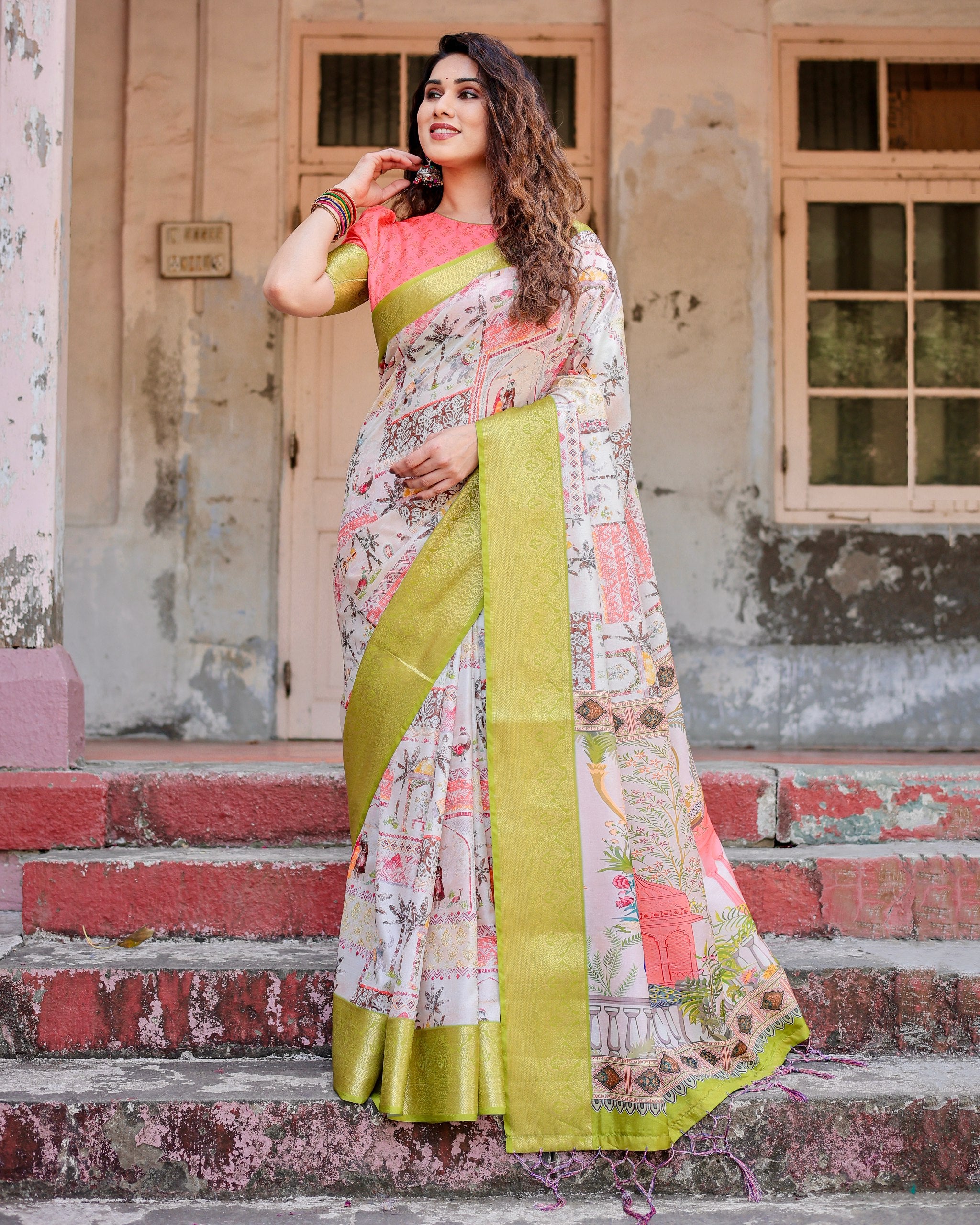 Pure Silk Digital Printed Saree with Brocade Blouse Colorful Saree