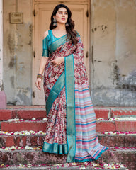 Pure Silk Digital Printed Saree with Brocade Blouse Colorful Saree