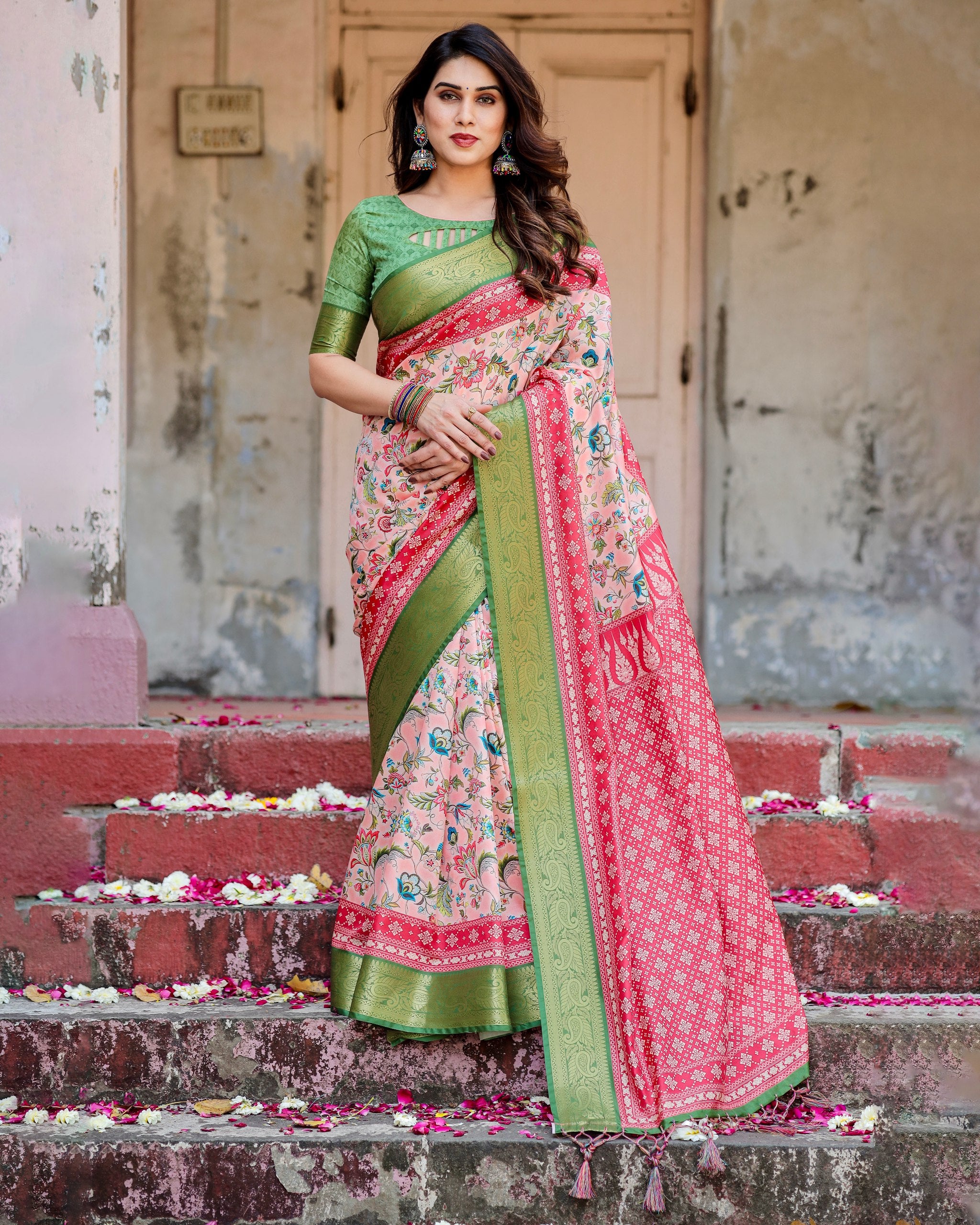 Pure Silk Digital Printed Saree with Brocade Blouse Colorful Saree