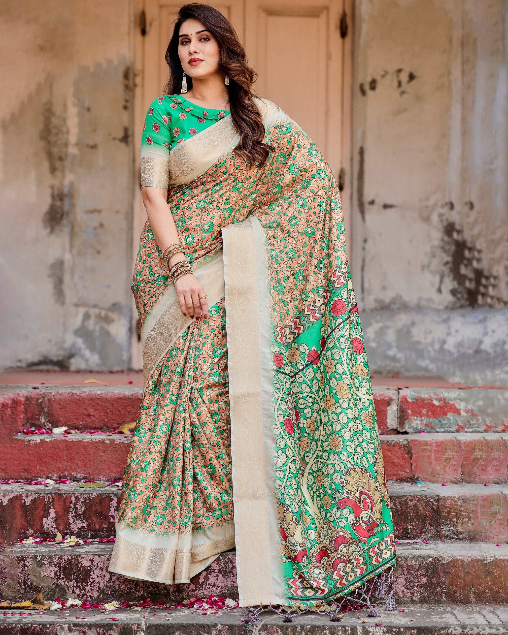 Pure Silk Digital Printed Saree with Brocade Blouse Colorful Saree