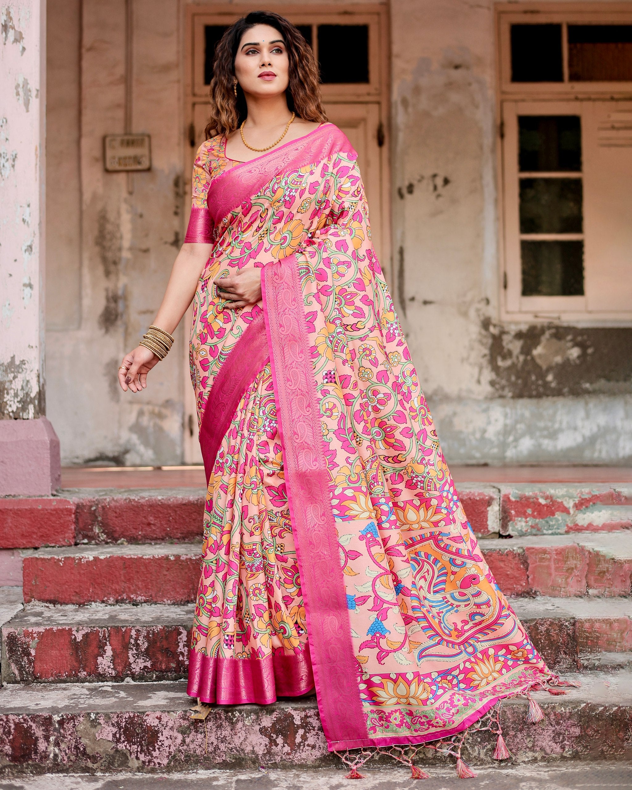 Pure Silk Digital Printed Saree with Brocade Blouse Colorful Saree