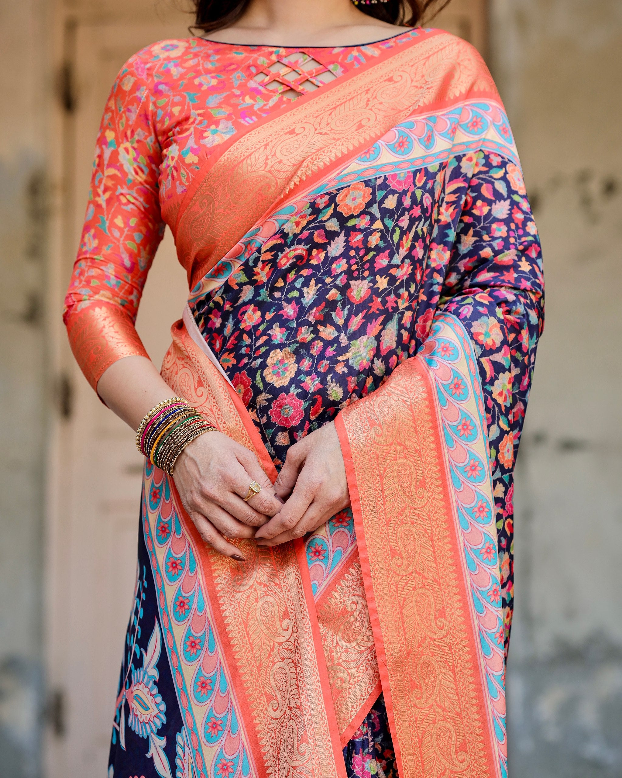 Pure Silk Digital Printed Saree with Brocade Blouse and Enchanting Tassels Colorful Saree