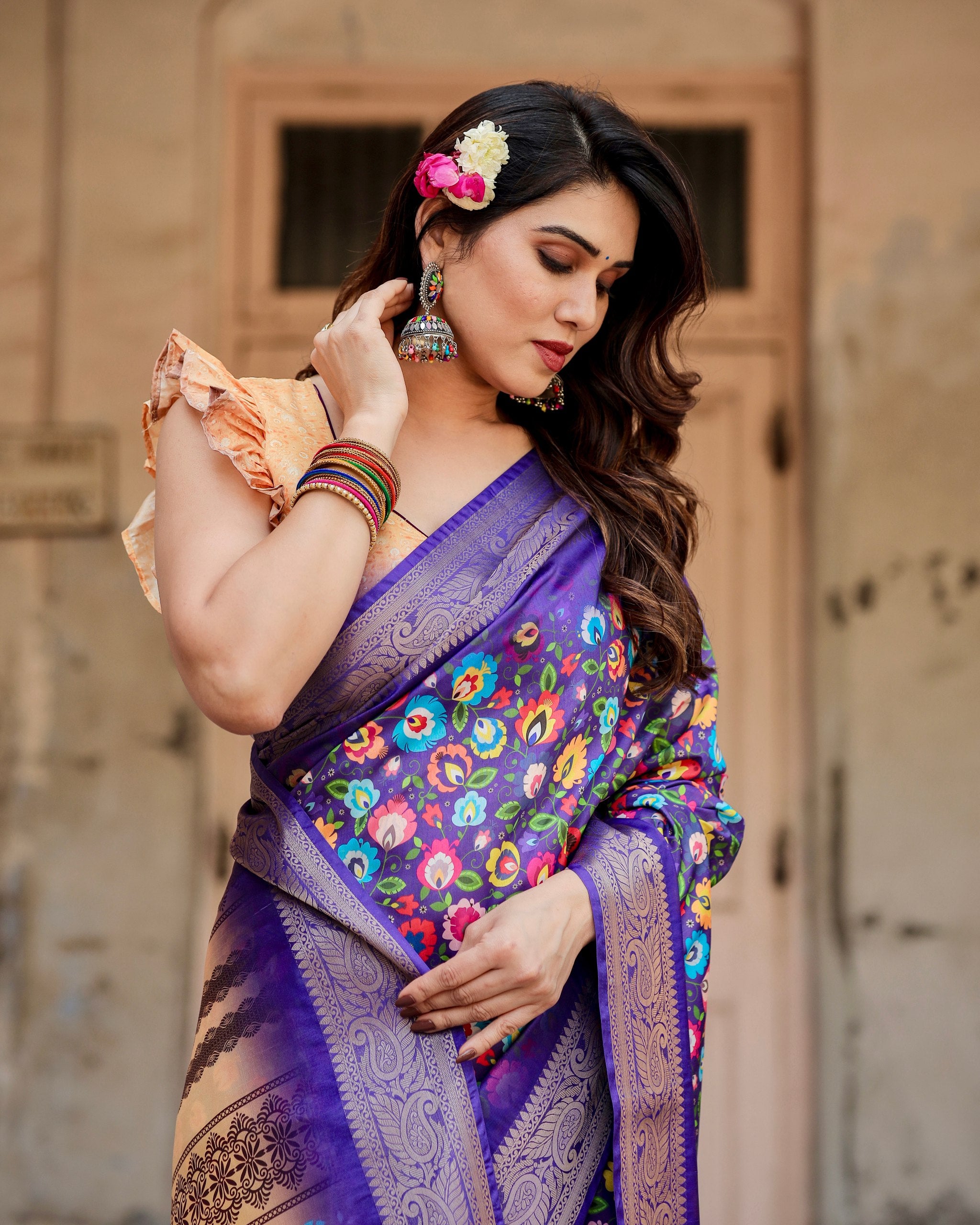 Pure Silk Digital Printed Saree with Brocade Blouse Colorful Saree