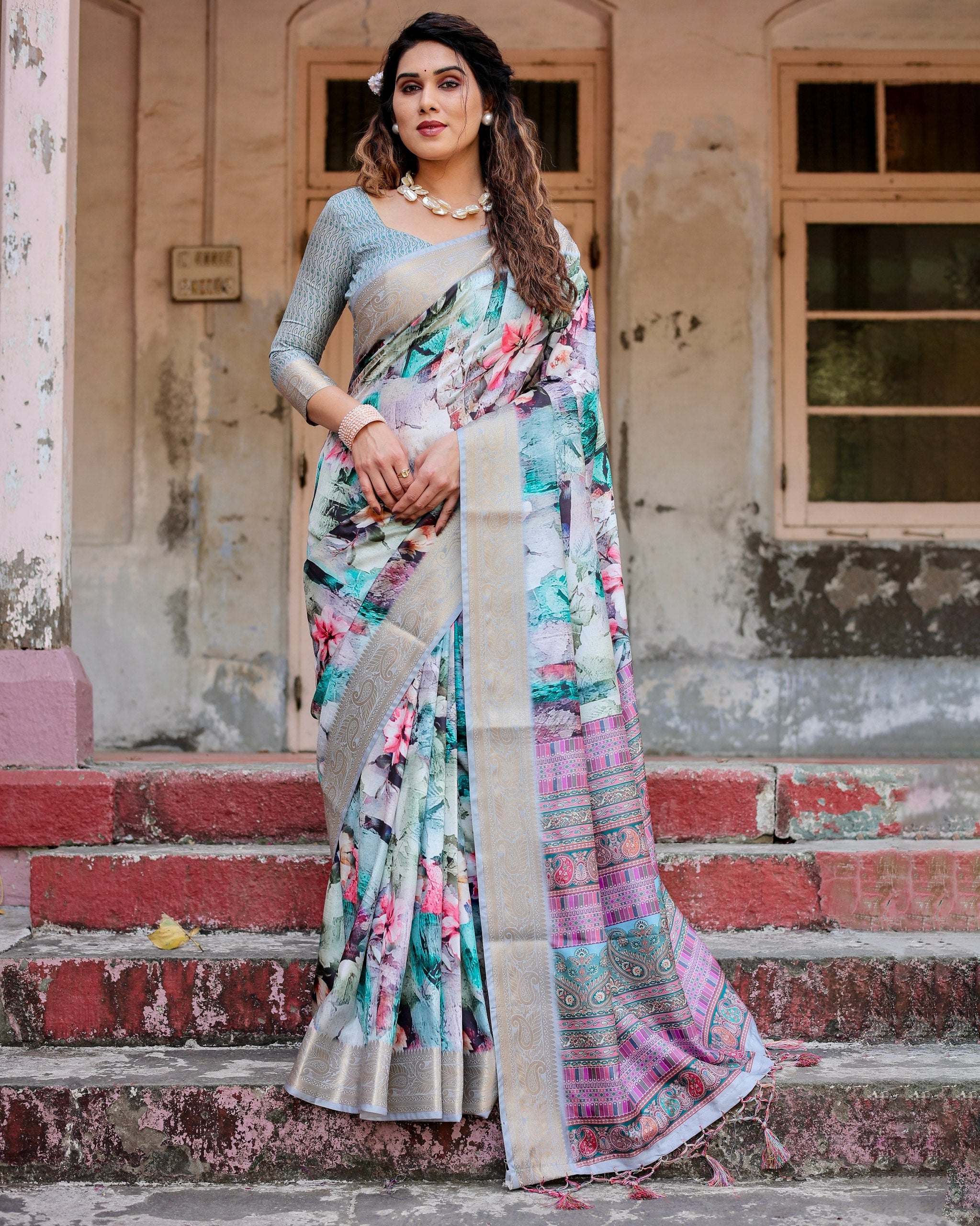 Pure Silk Digital Printed Saree with Brocade Blouse Colorful Saree