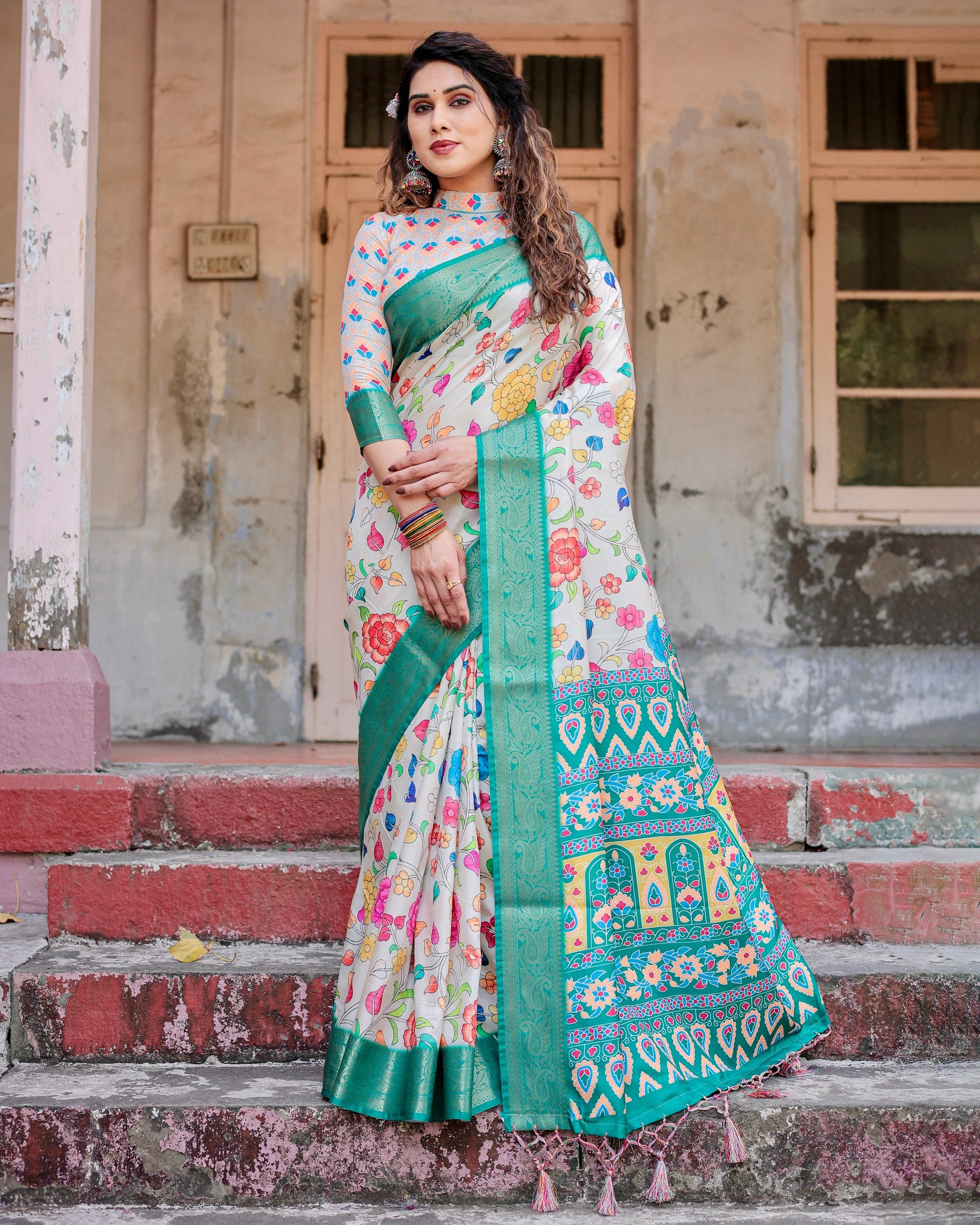 Pure Silk Digital Printed Saree with Brocade Blouse Colorful Saree