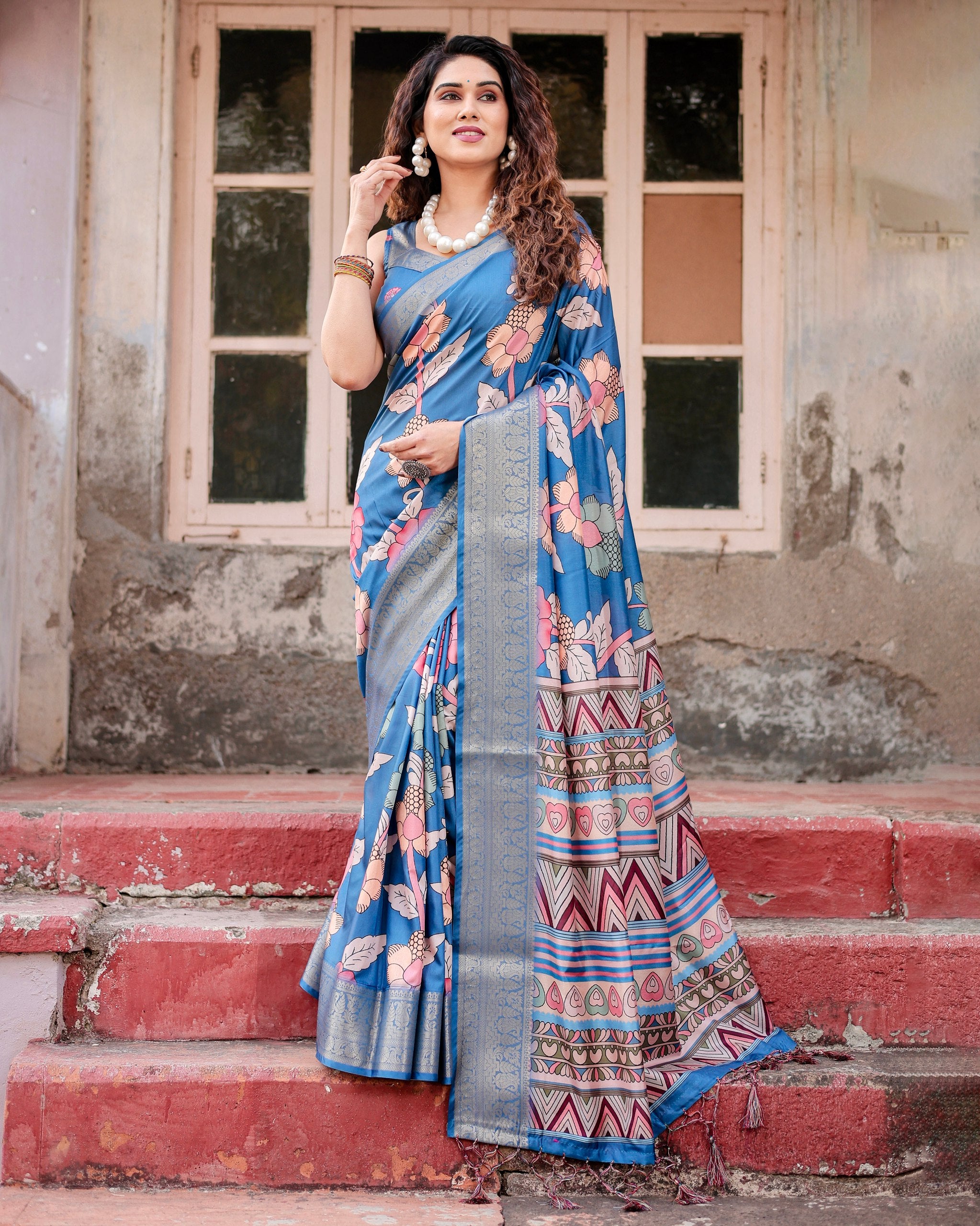 Pure Silk Digital Printed Saree with Brocade Blouse Colorful Saree