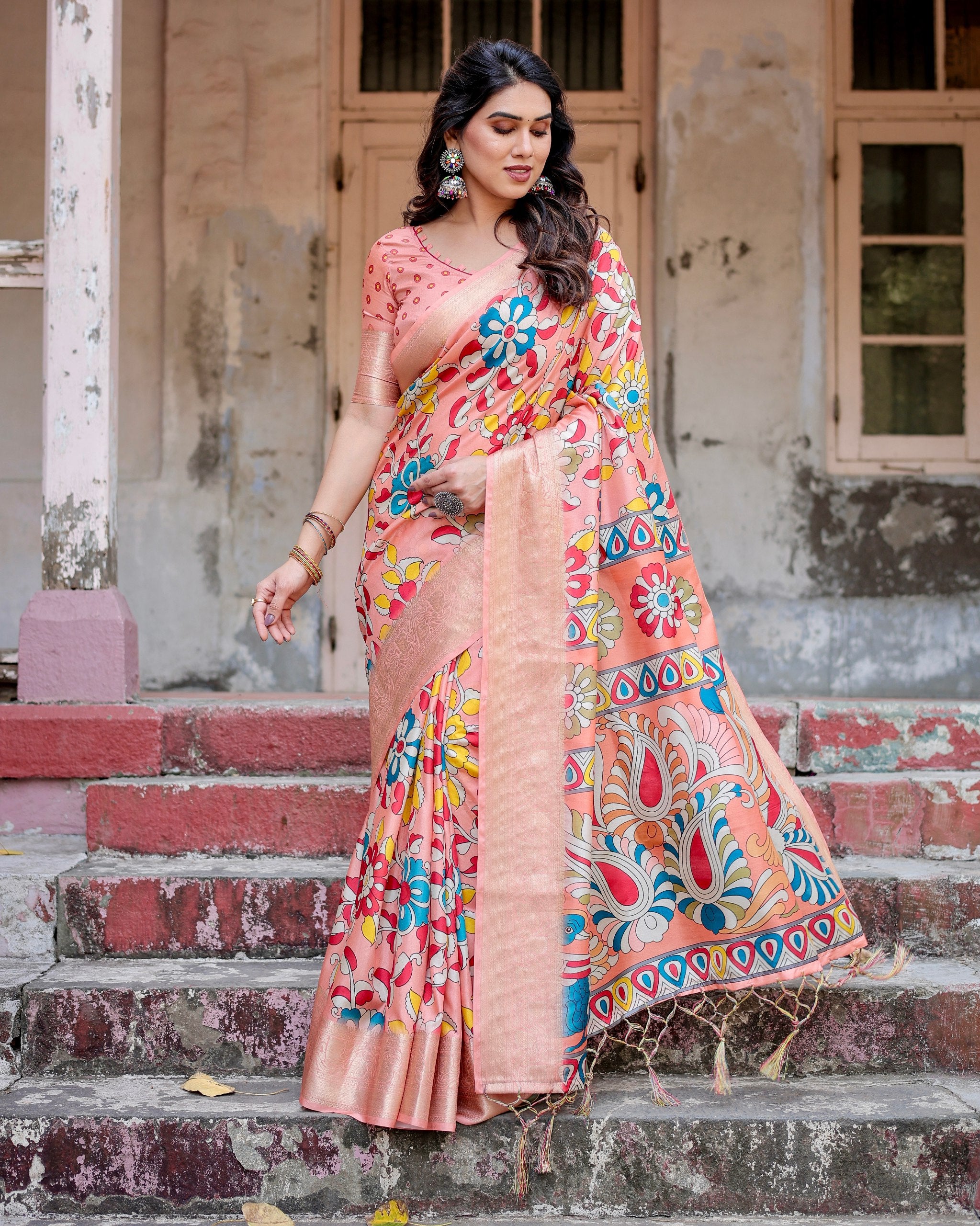 Pure Silk Digital Printed Saree with Brocade Blouse Colorful Saree