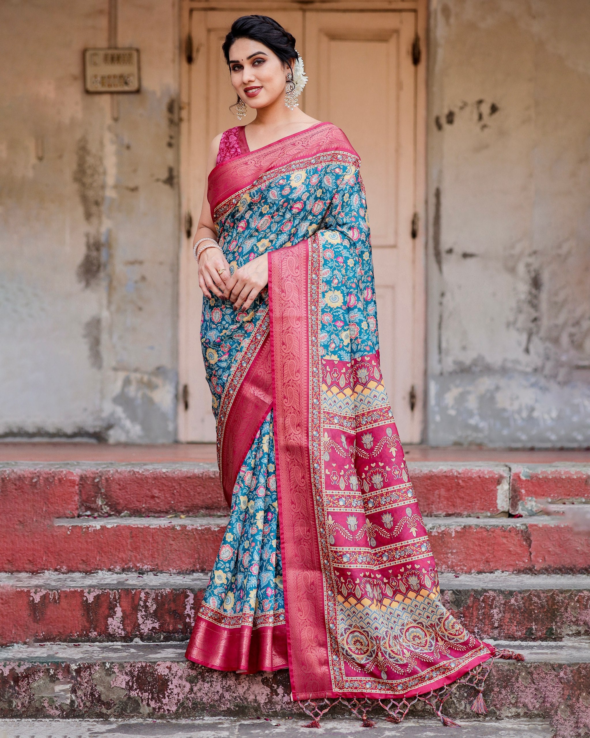 Pure Silk Digital Printed Saree with Brocade Blouse Colorful Saree