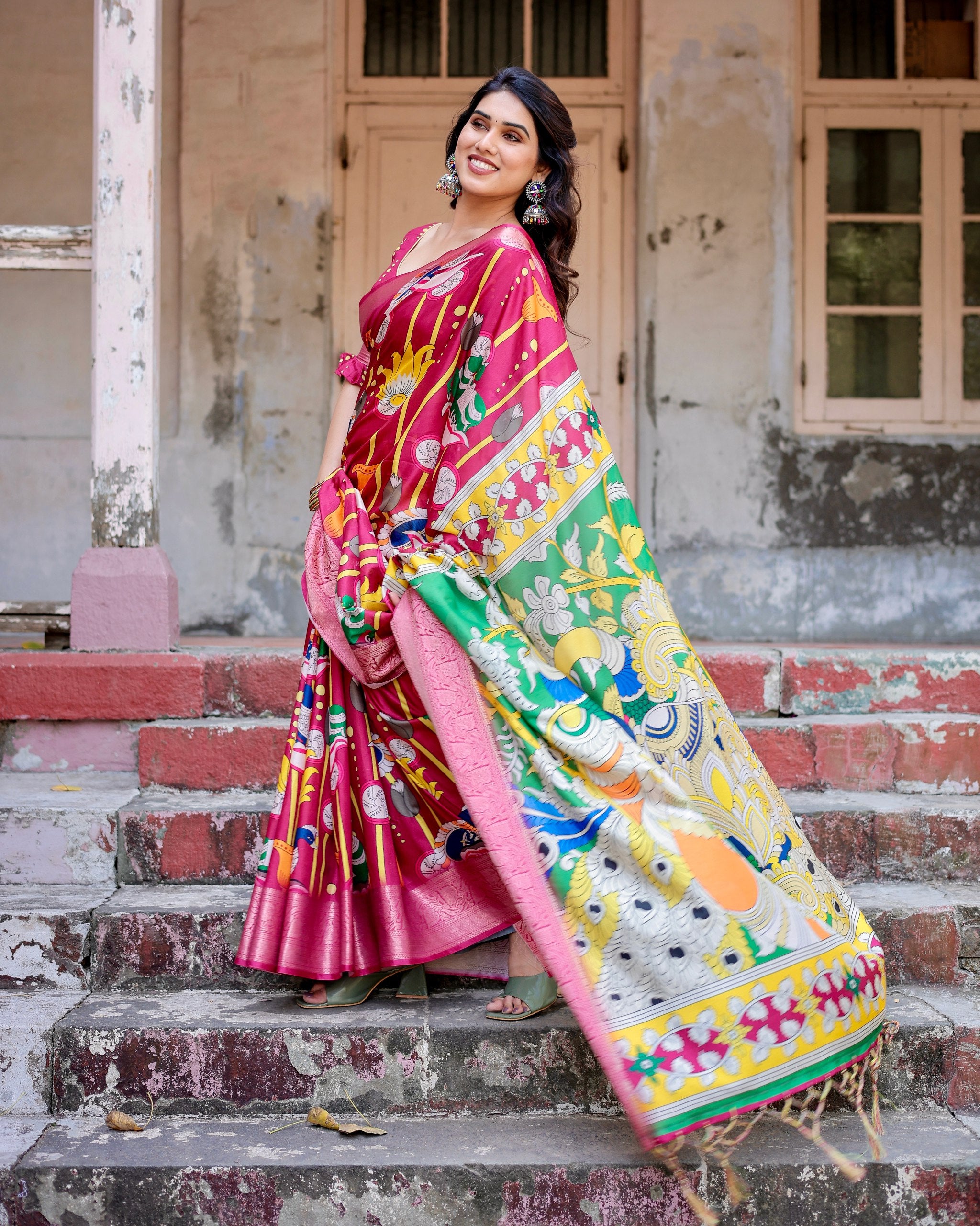 Pure Silk Digital Printed Saree with Brocade Blouse Colorful Saree