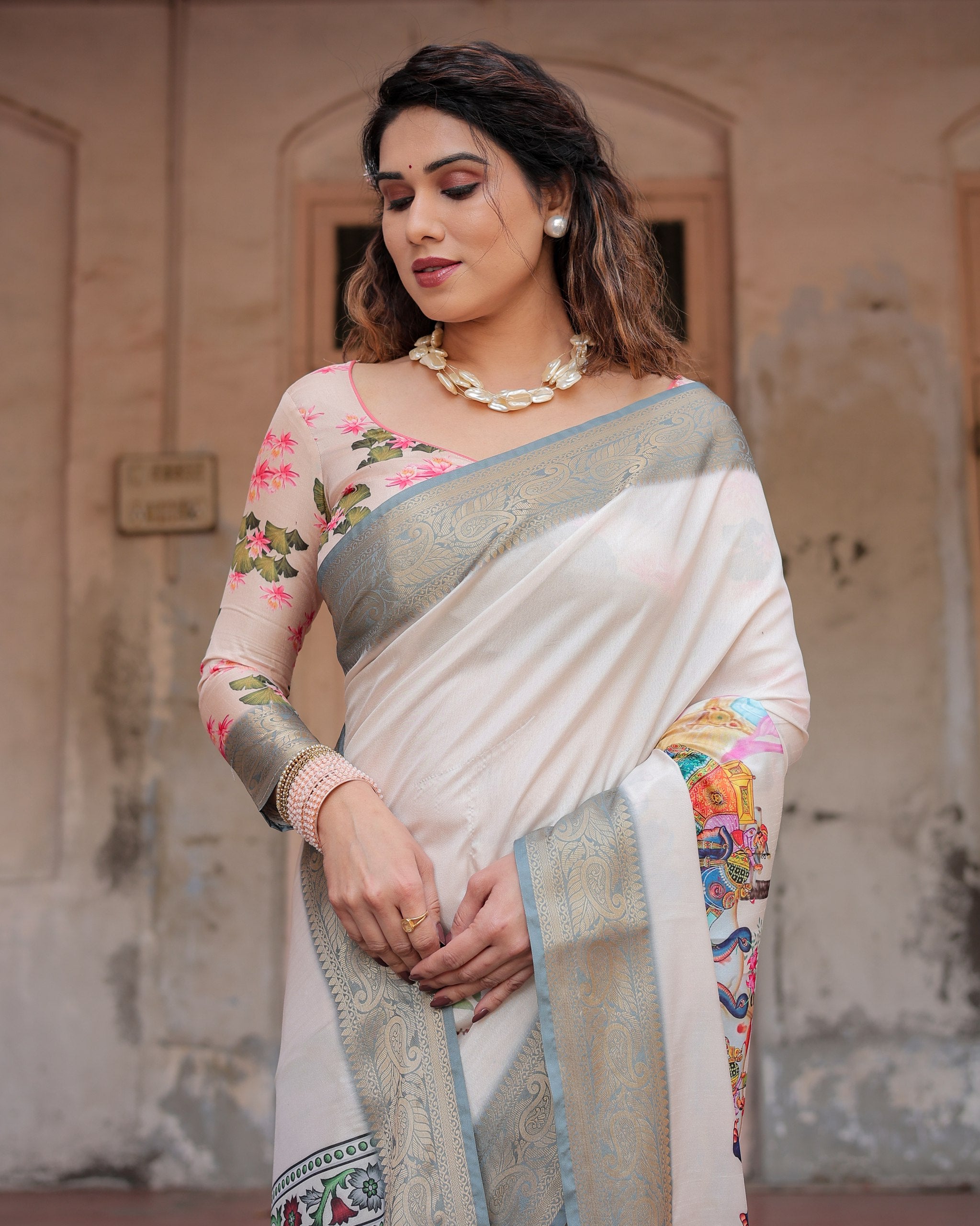 Pure Silk Digital Printed Saree with Brocade Blouse Colorful Saree