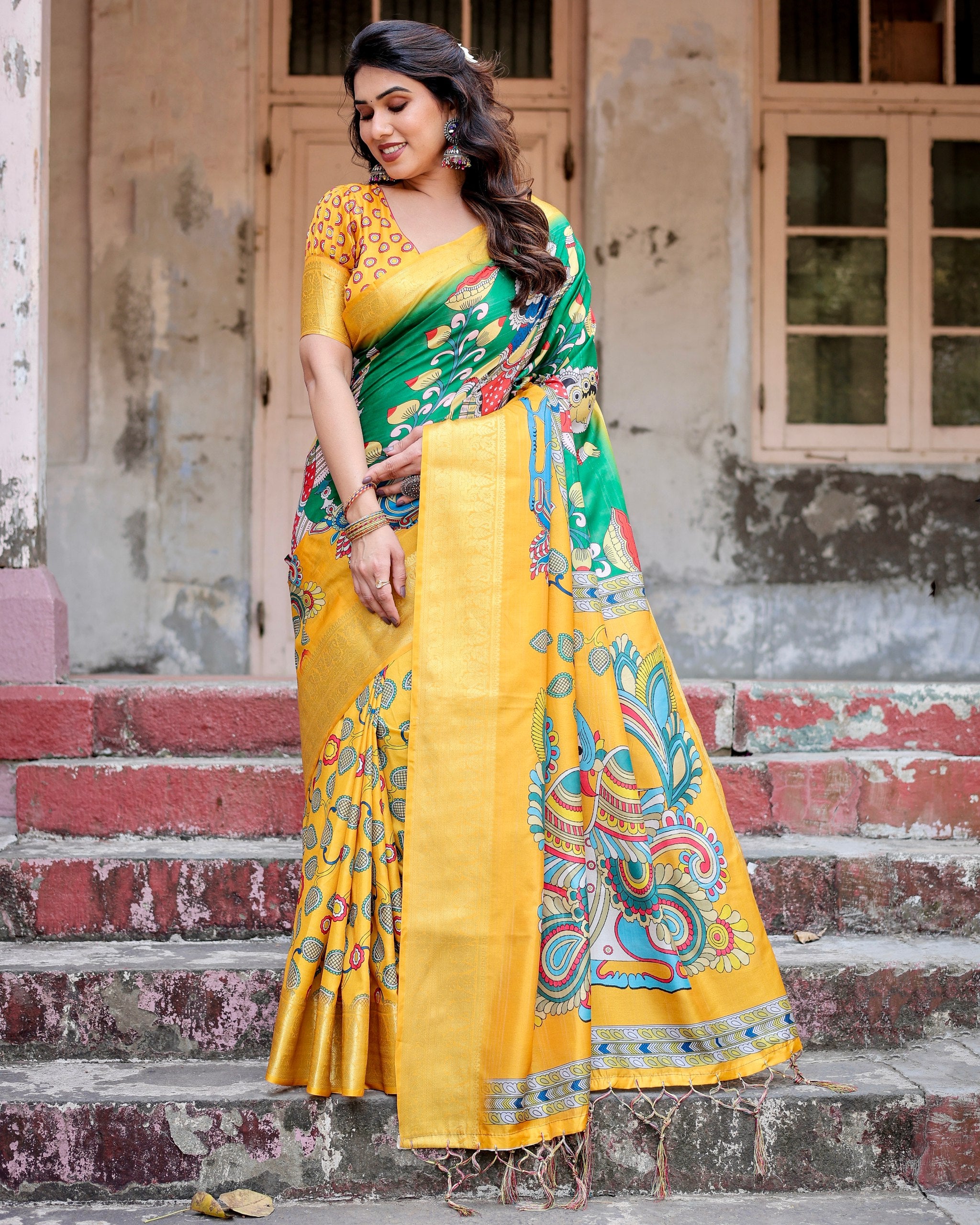 Pure Silk Digital Printed Saree with Brocade Blouse Colorful Saree