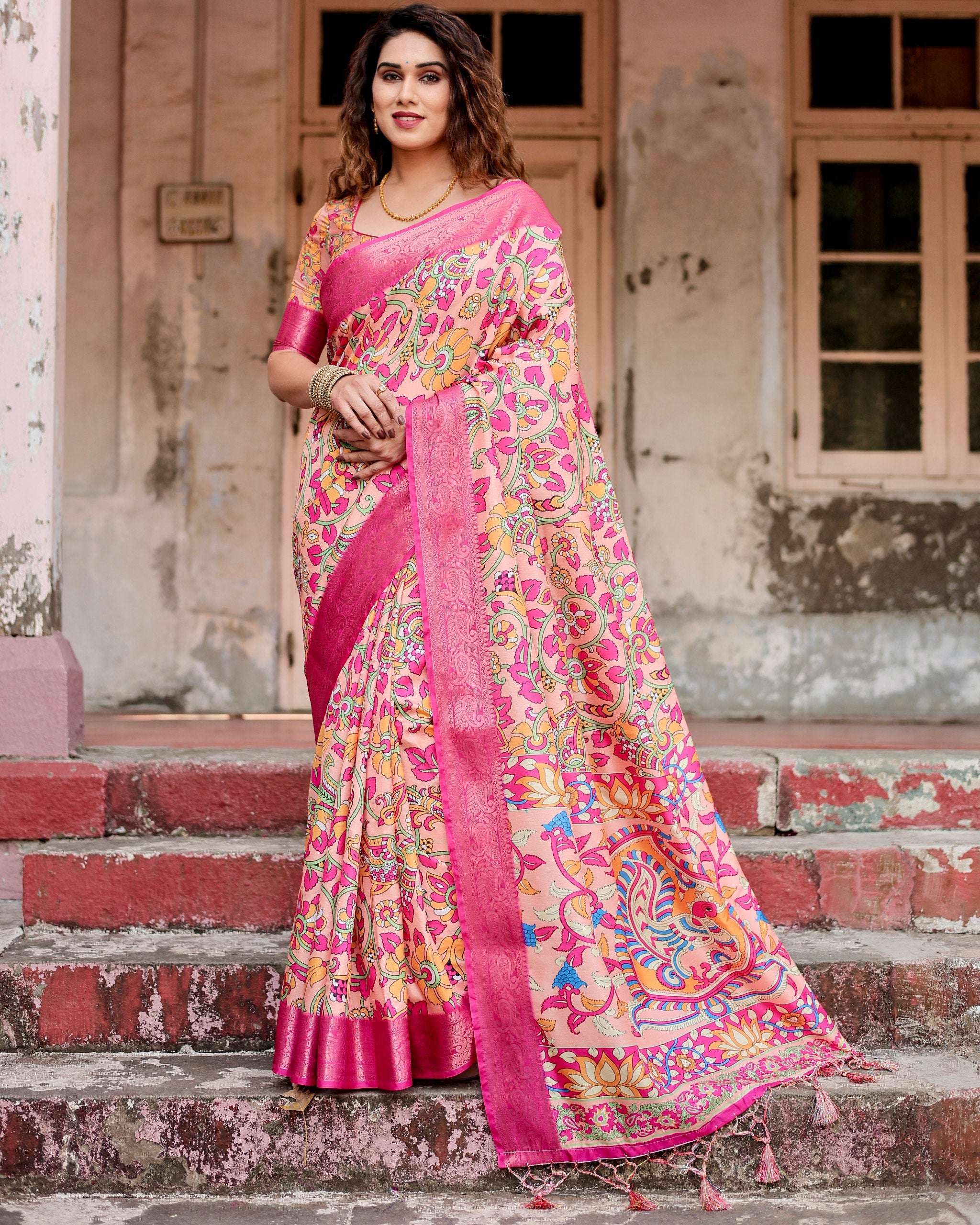 Pure Silk Digital Printed Saree with Brocade Blouse Colorful Saree