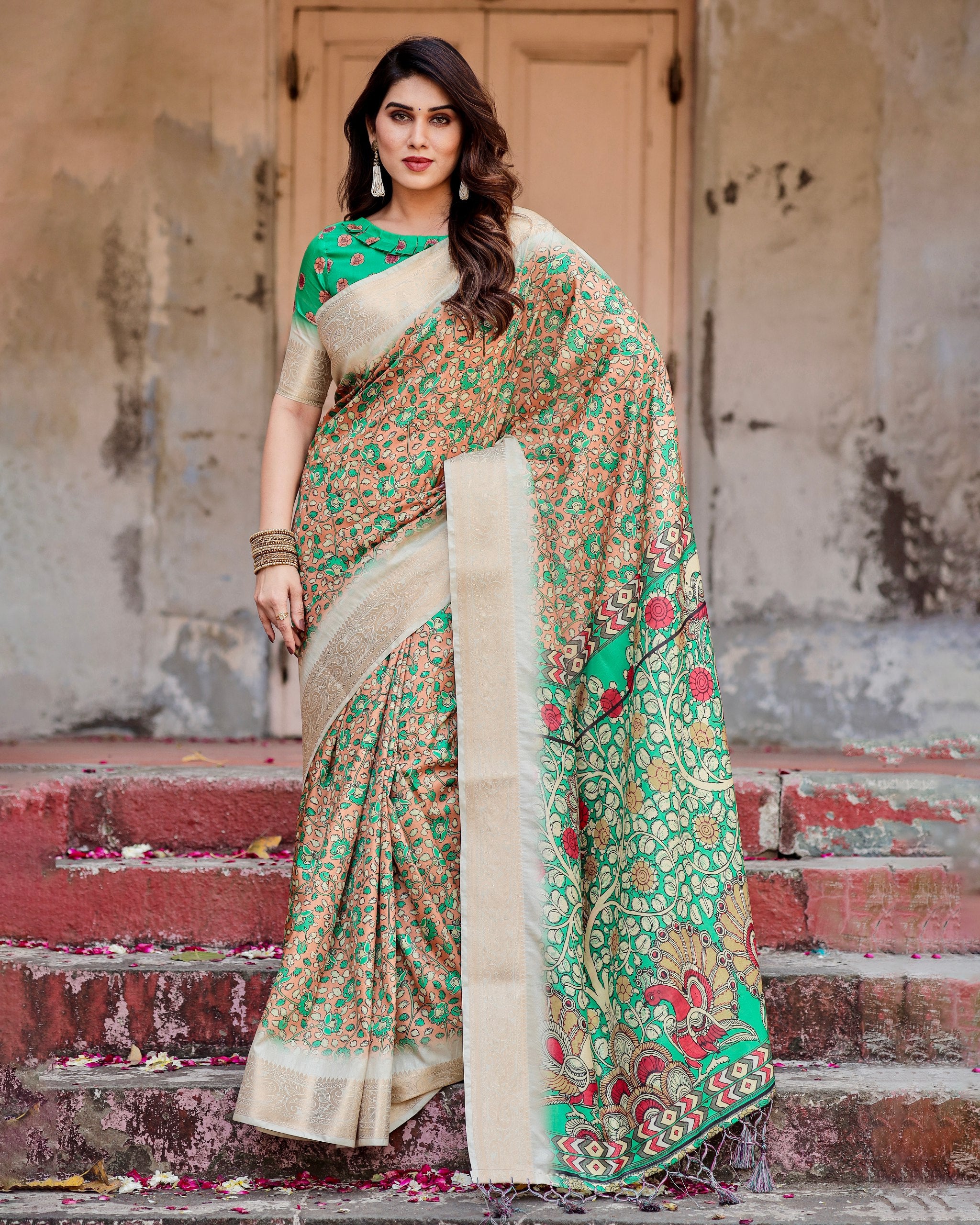 Pure Silk Digital Printed Saree with Brocade Blouse Colorful Saree