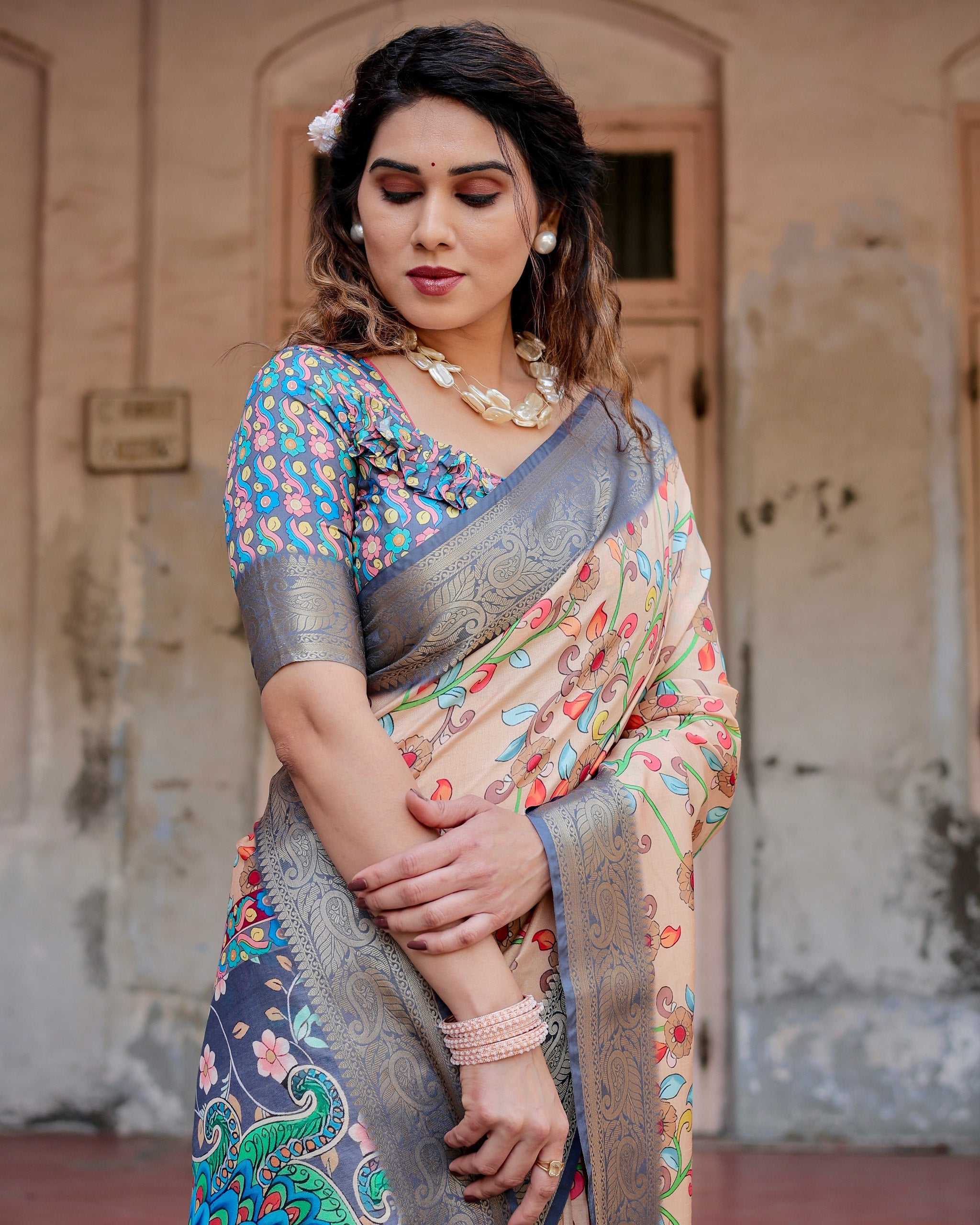 Pure Silk Digital Printed Saree with Brocade Blouse Colorful Saree