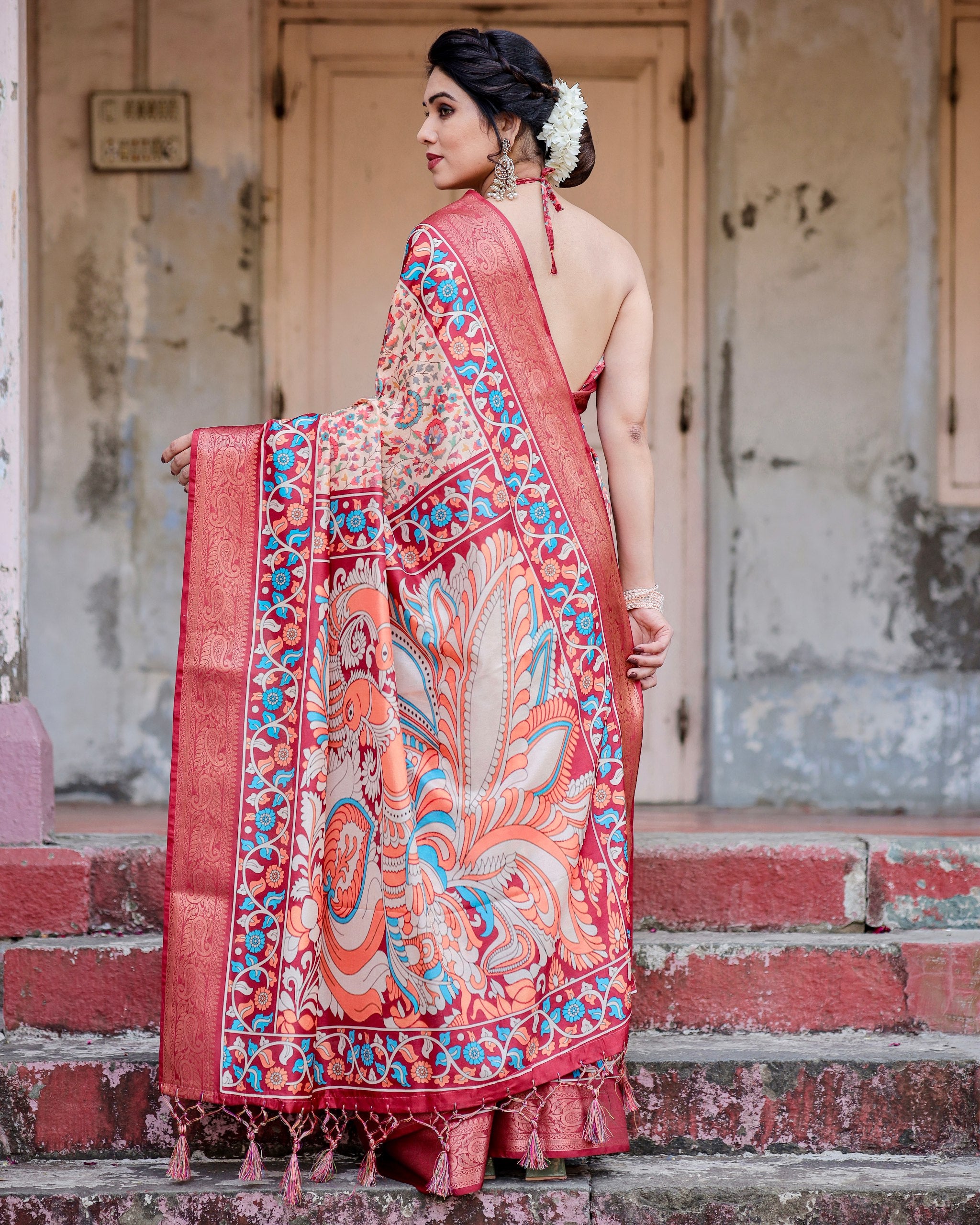 Pure Silk Digital Printed Saree with Brocade Blouse Colorful Saree