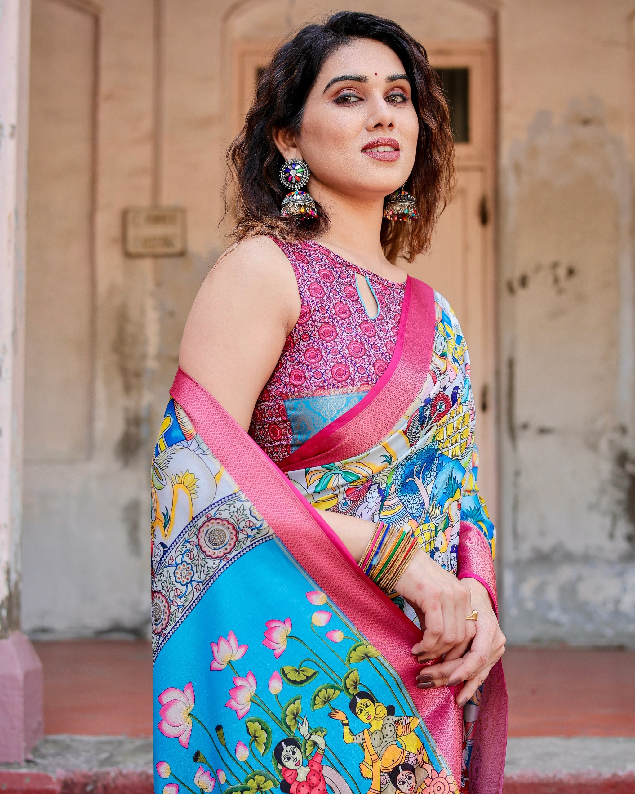 Pure Silk Digital Printed Saree with Brocade Blouse Colorful Saree