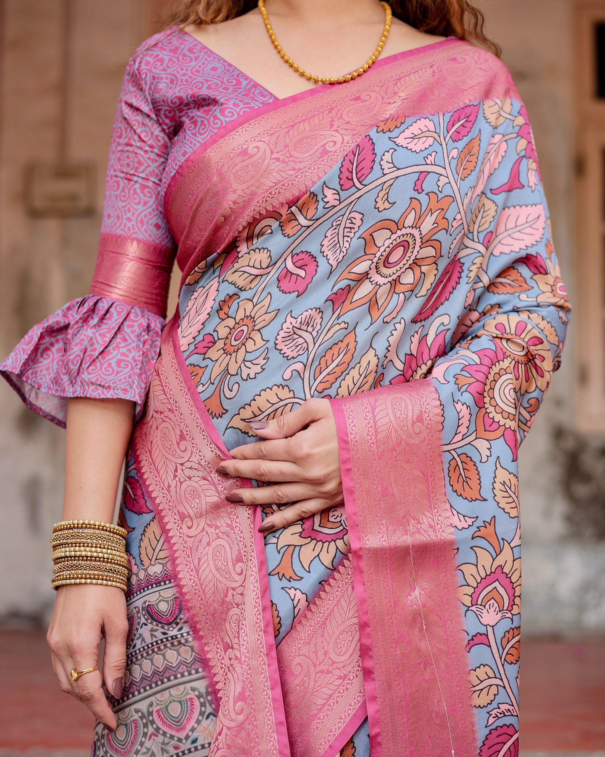 Pure Silk Digital Printed Saree with Brocade Blouse Colorful Saree