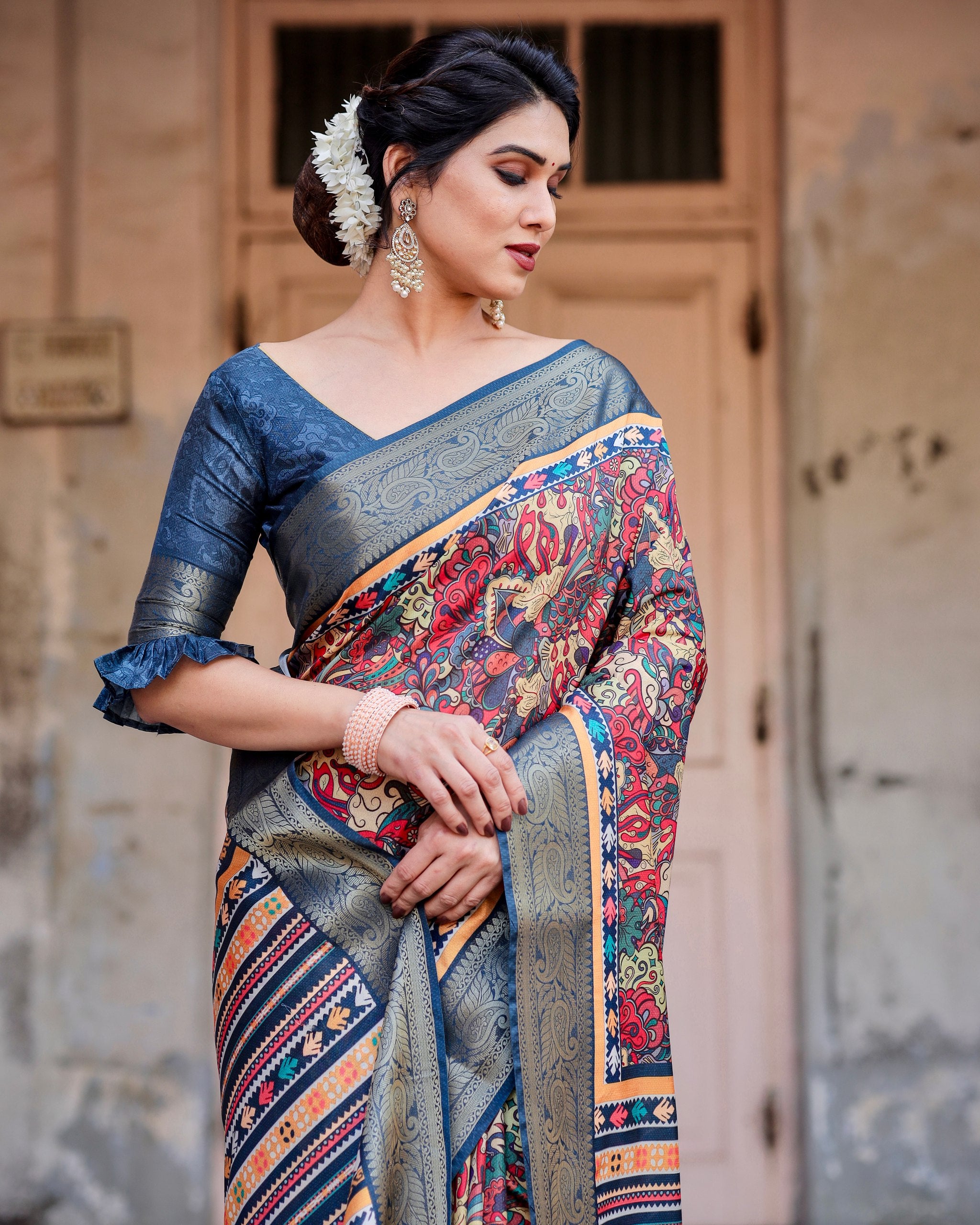 Pure Silk Digital Printed Saree with Brocade Blouse Colorful Saree