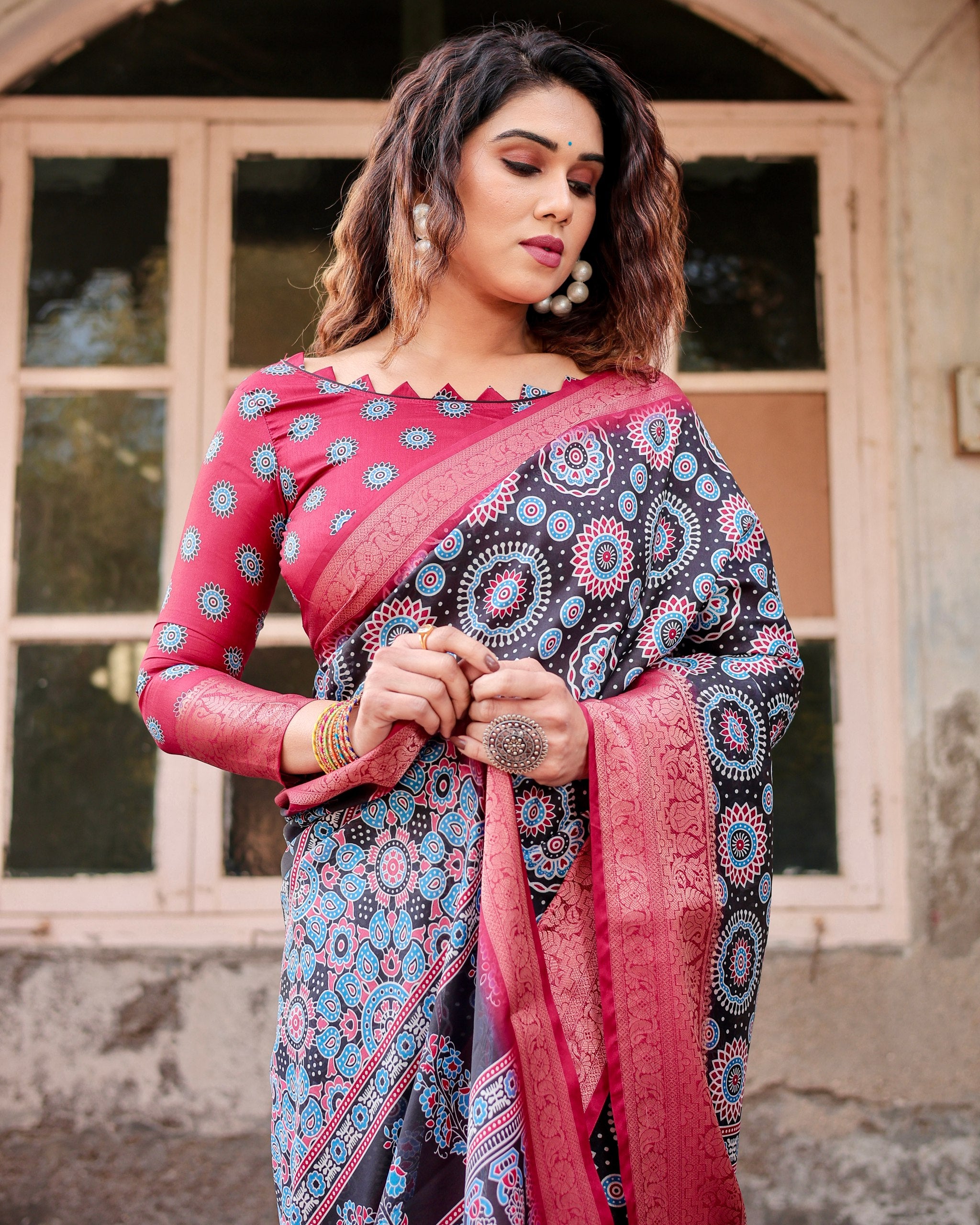 Pure Silk Digital Printed Saree with Brocade Blouse Colorful Saree