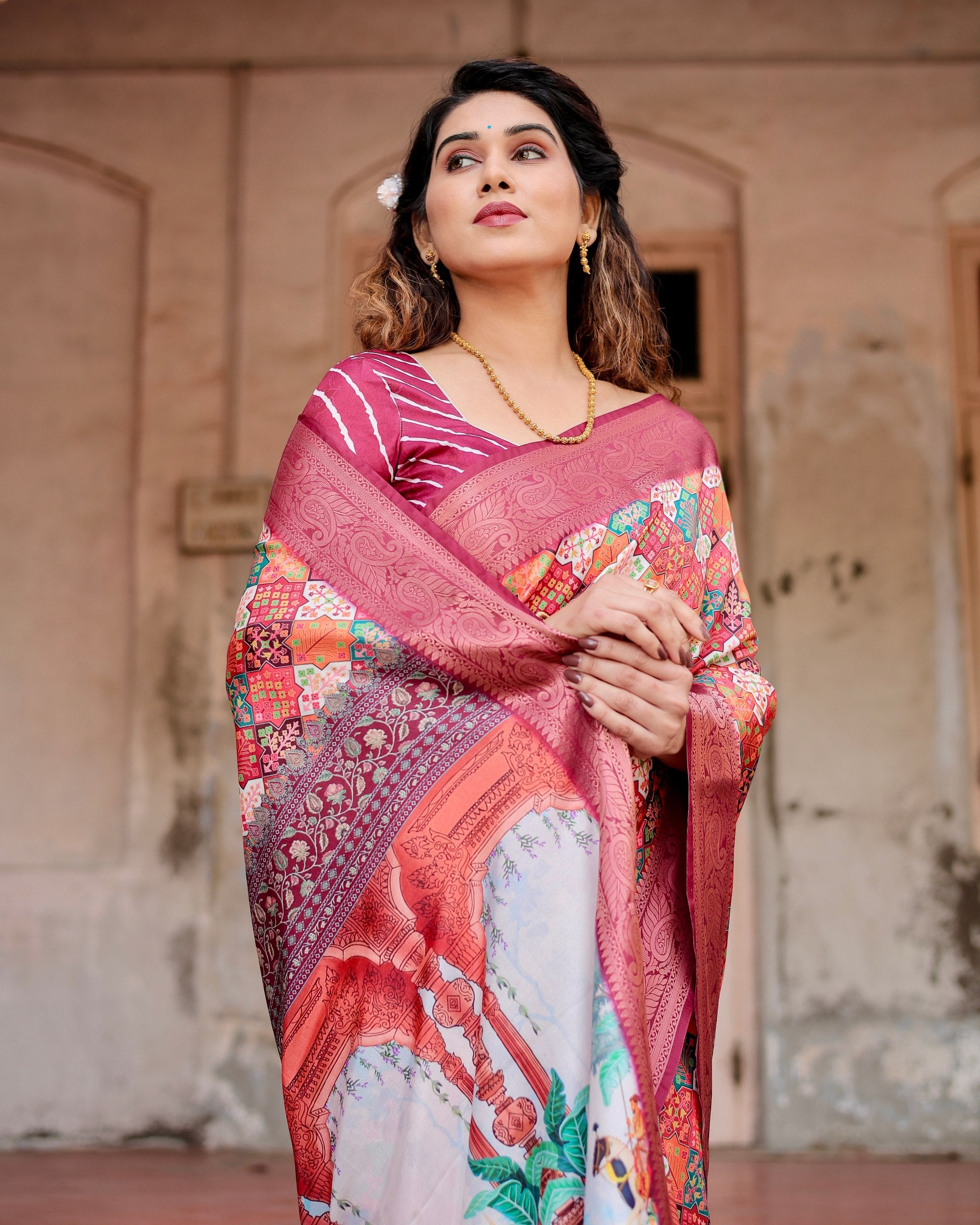 Pure Silk Digital Printed Saree with Brocade Blouse Colorful Saree