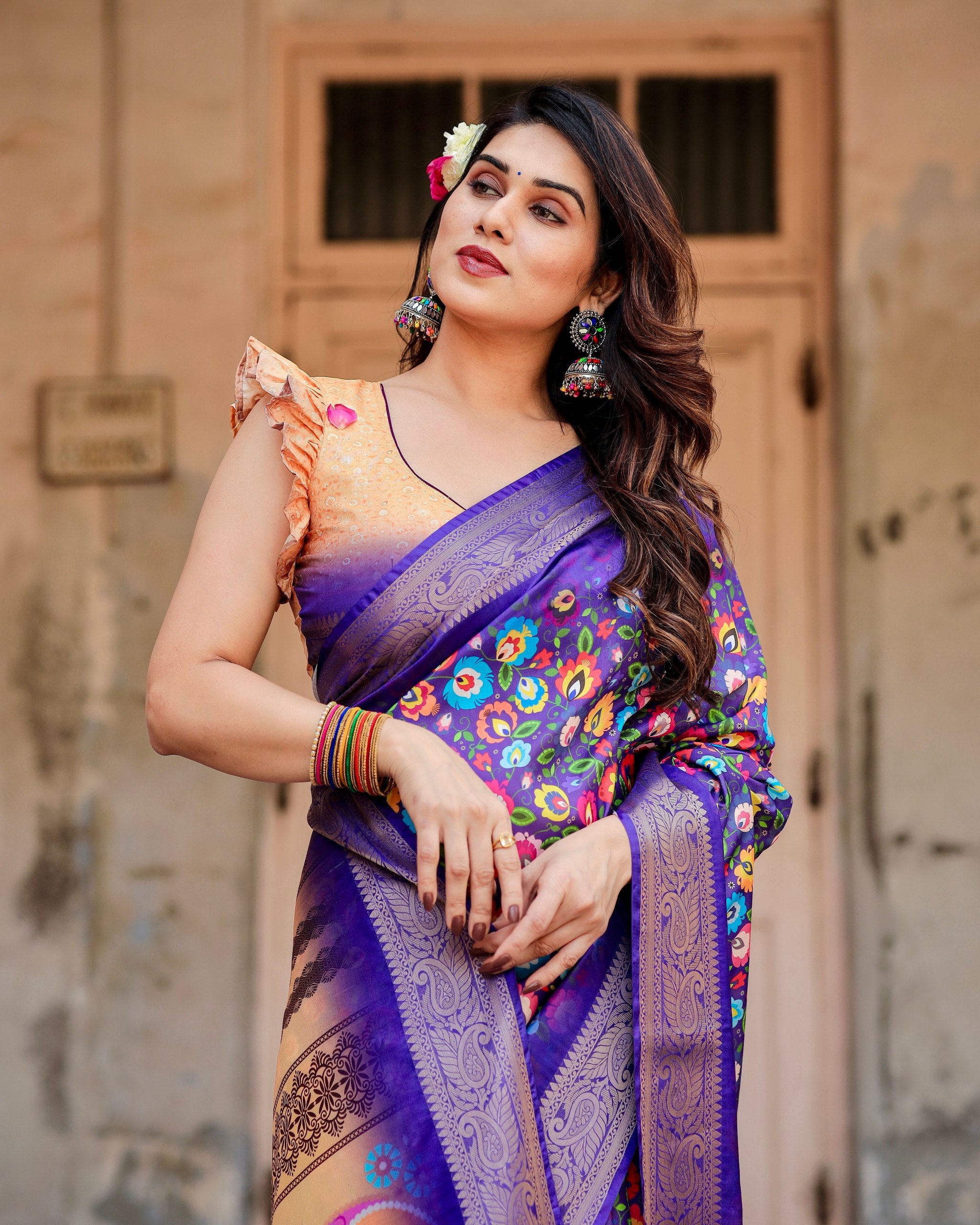 Pure Silk Digital Printed Saree with Brocade Blouse Colorful Saree