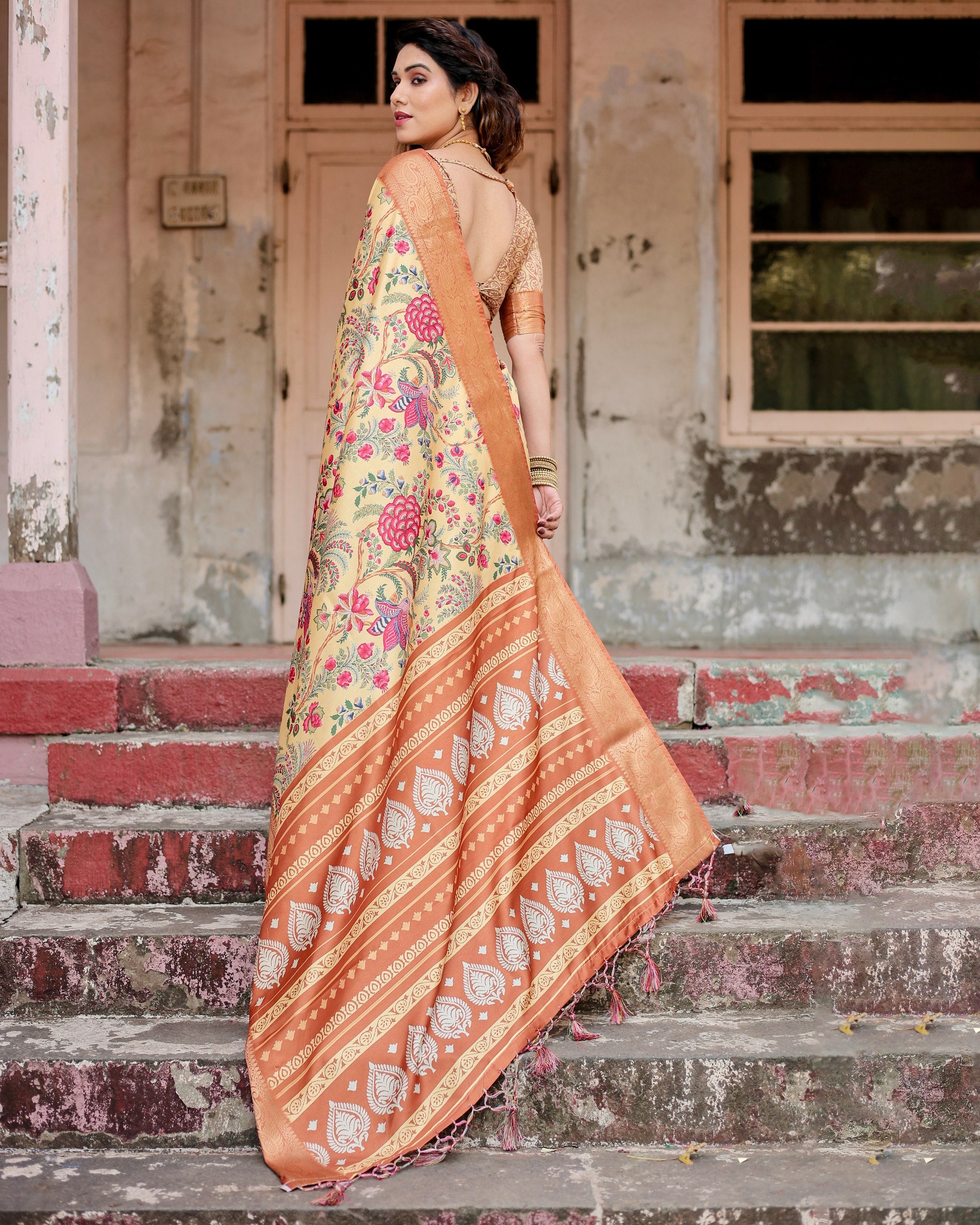 Pure Silk Digital Printed Saree with Brocade Blouse Colorful Saree