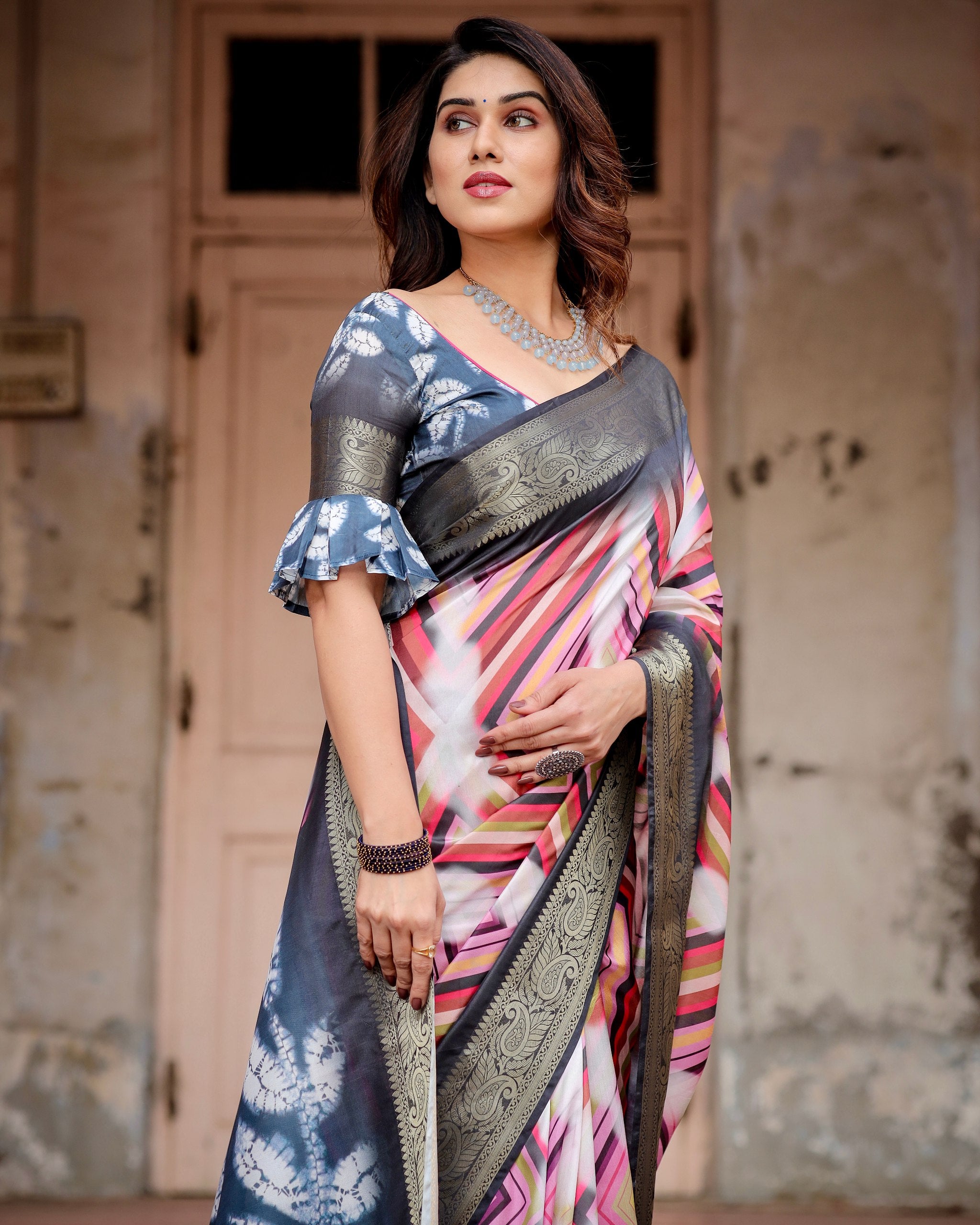 Pure Silk Digital Printed Saree with Brocade Blouse Colorful Saree