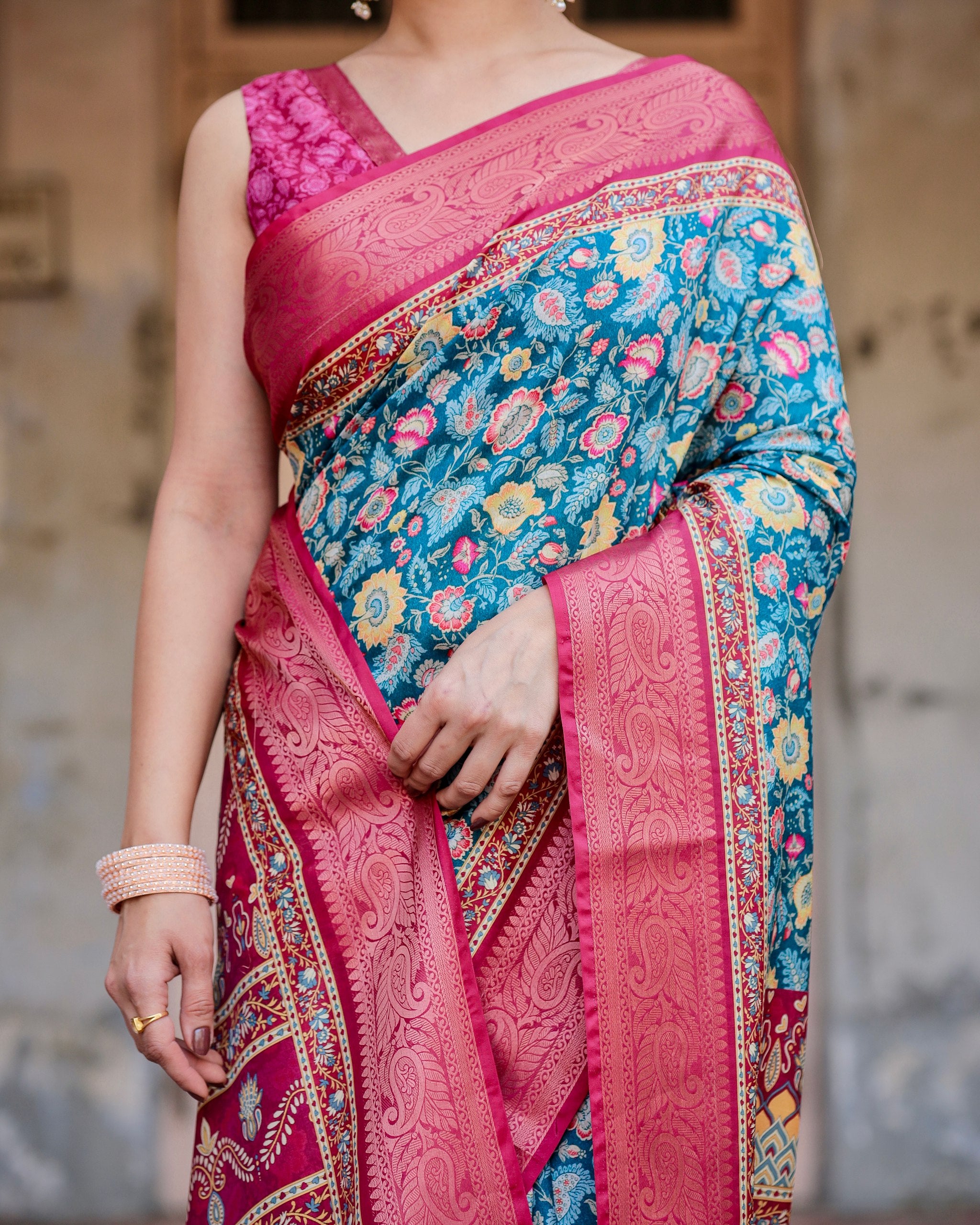 Pure Silk Digital Printed Saree with Brocade Blouse Colorful Saree