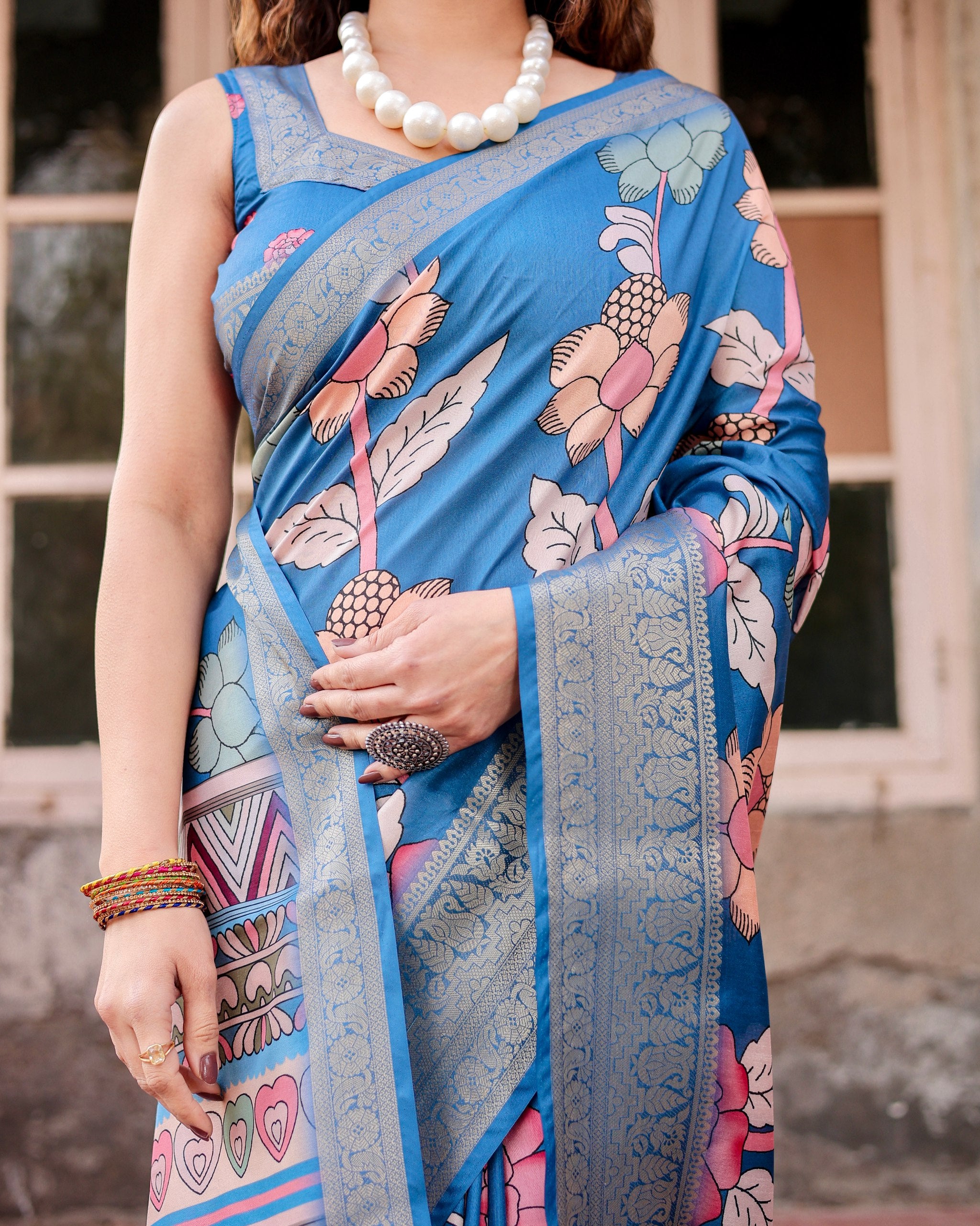 Pure Silk Digital Printed Saree with Brocade Blouse Colorful Saree