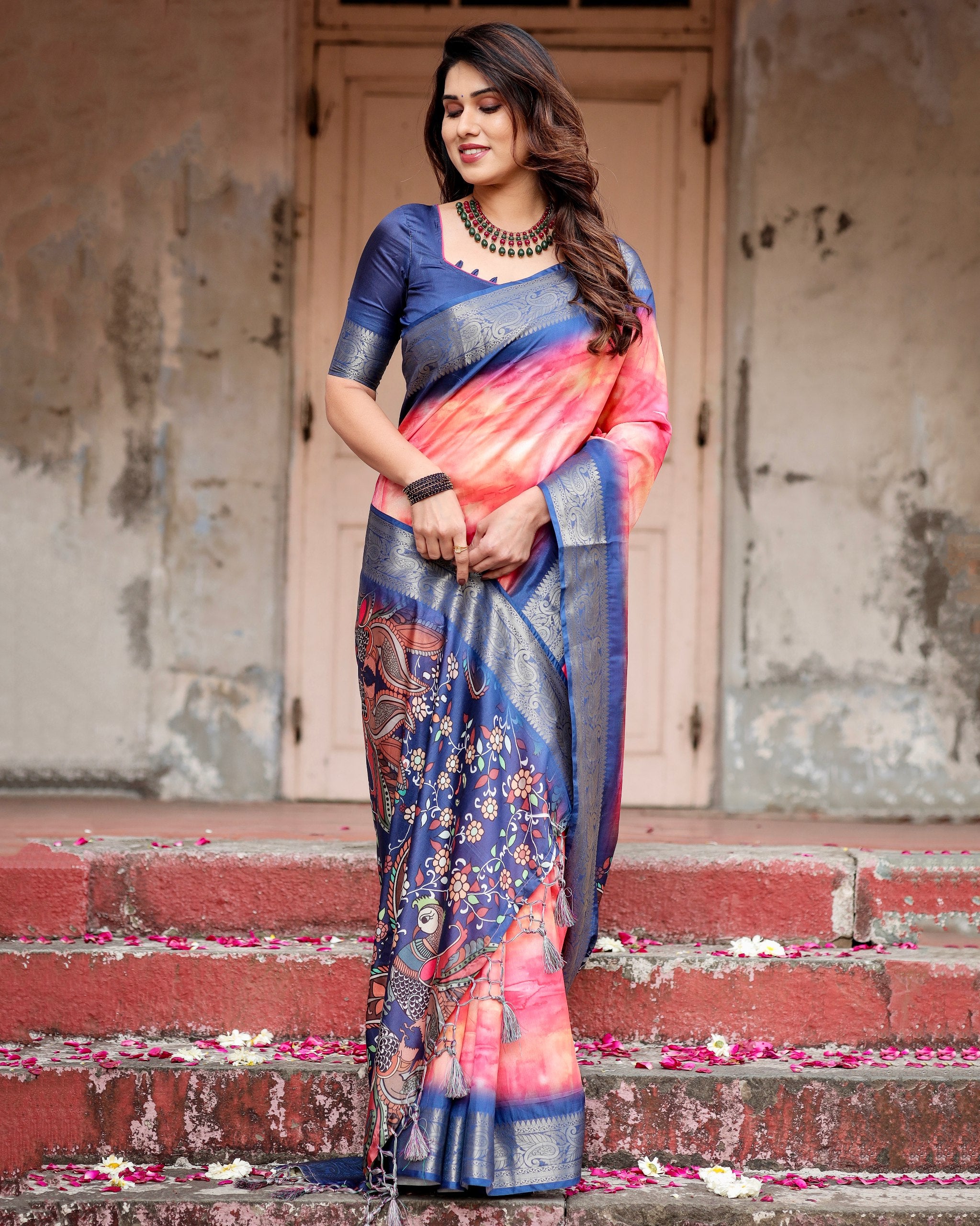 Pure Silk Digital Printed Saree with Brocade Blouse Colorful Saree