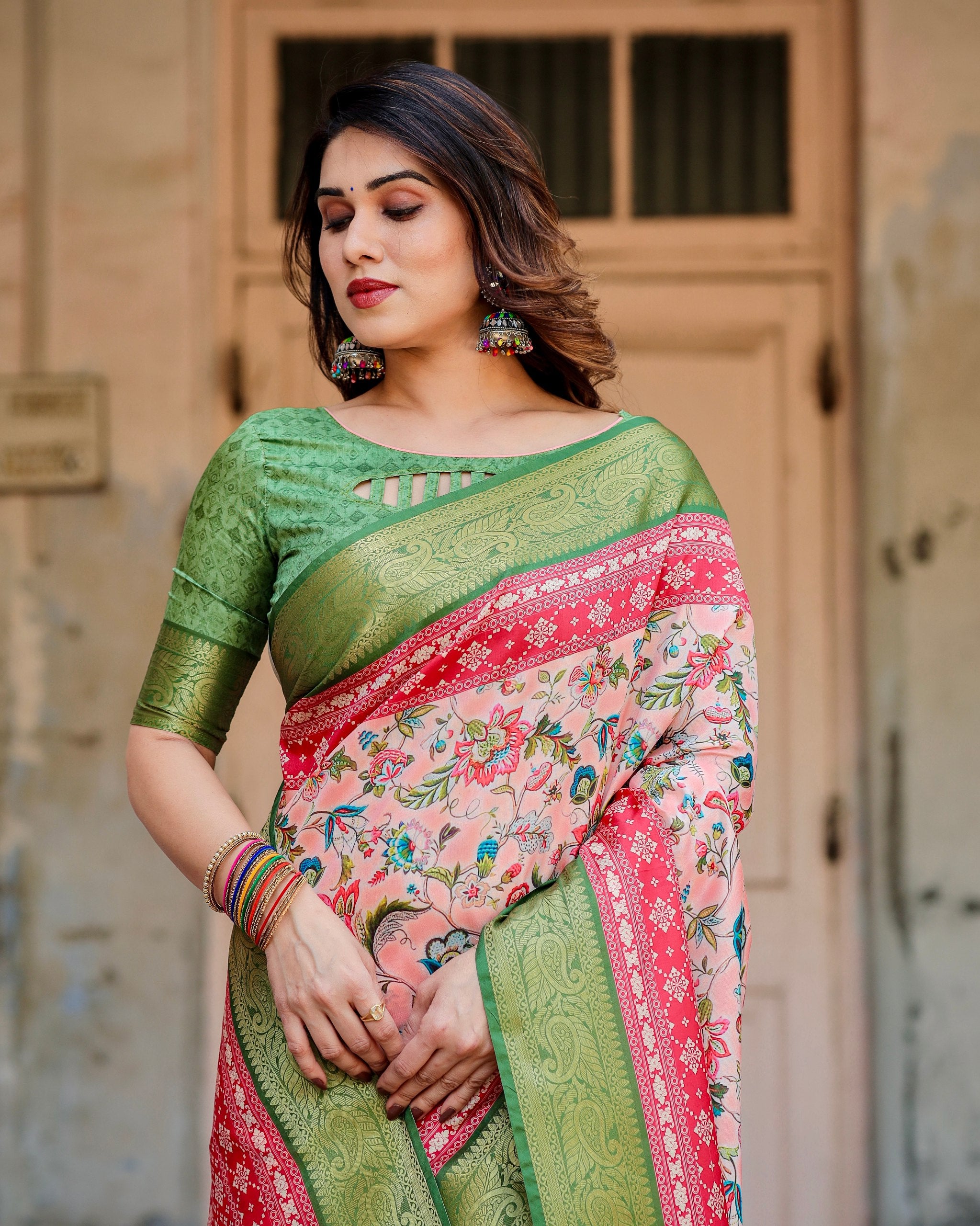 Pure Silk Digital Printed Saree with Brocade Blouse Colorful Saree